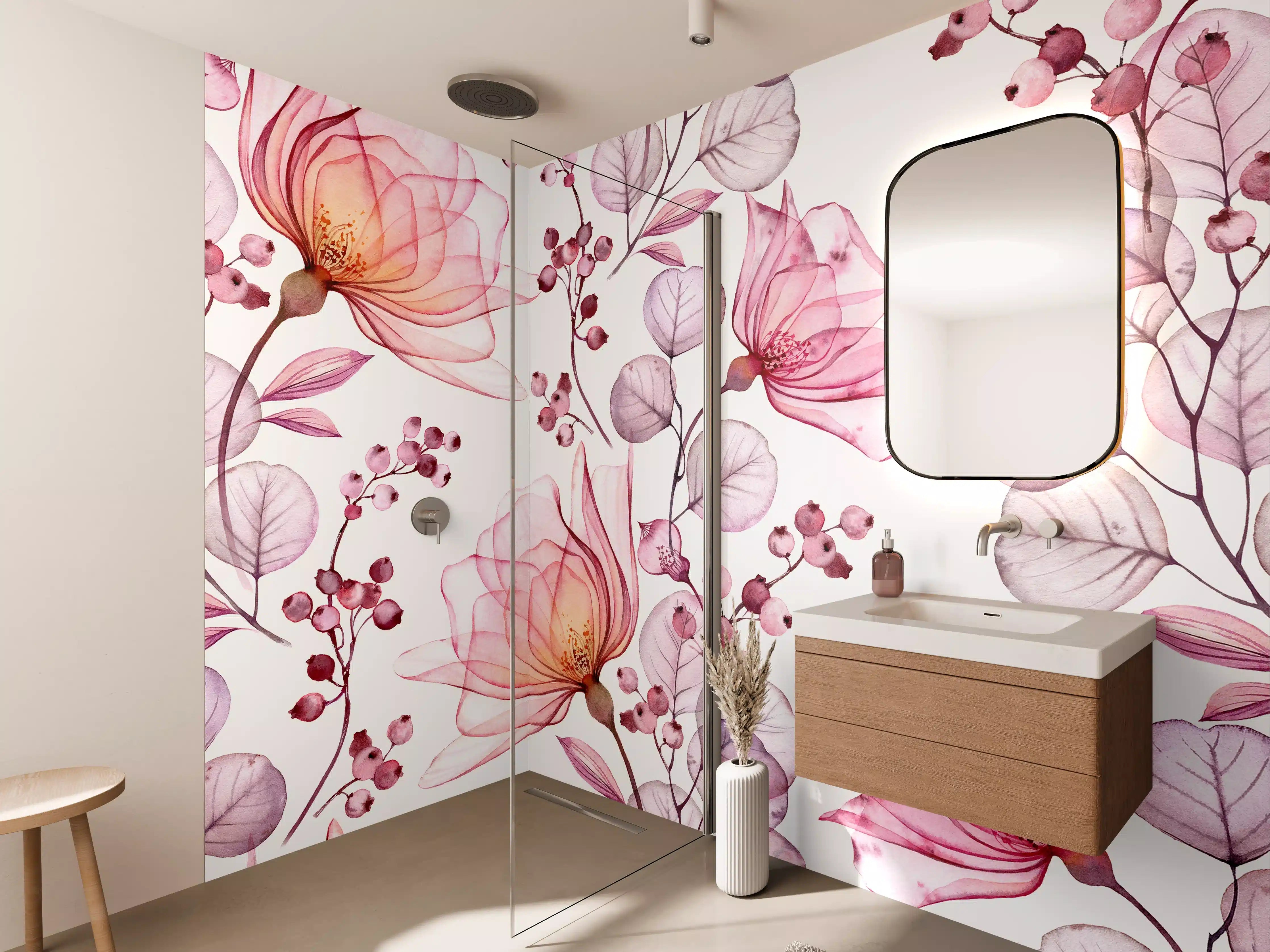 Wandverkleidung Bad - Zarte Blüten in Rosa und Mauve