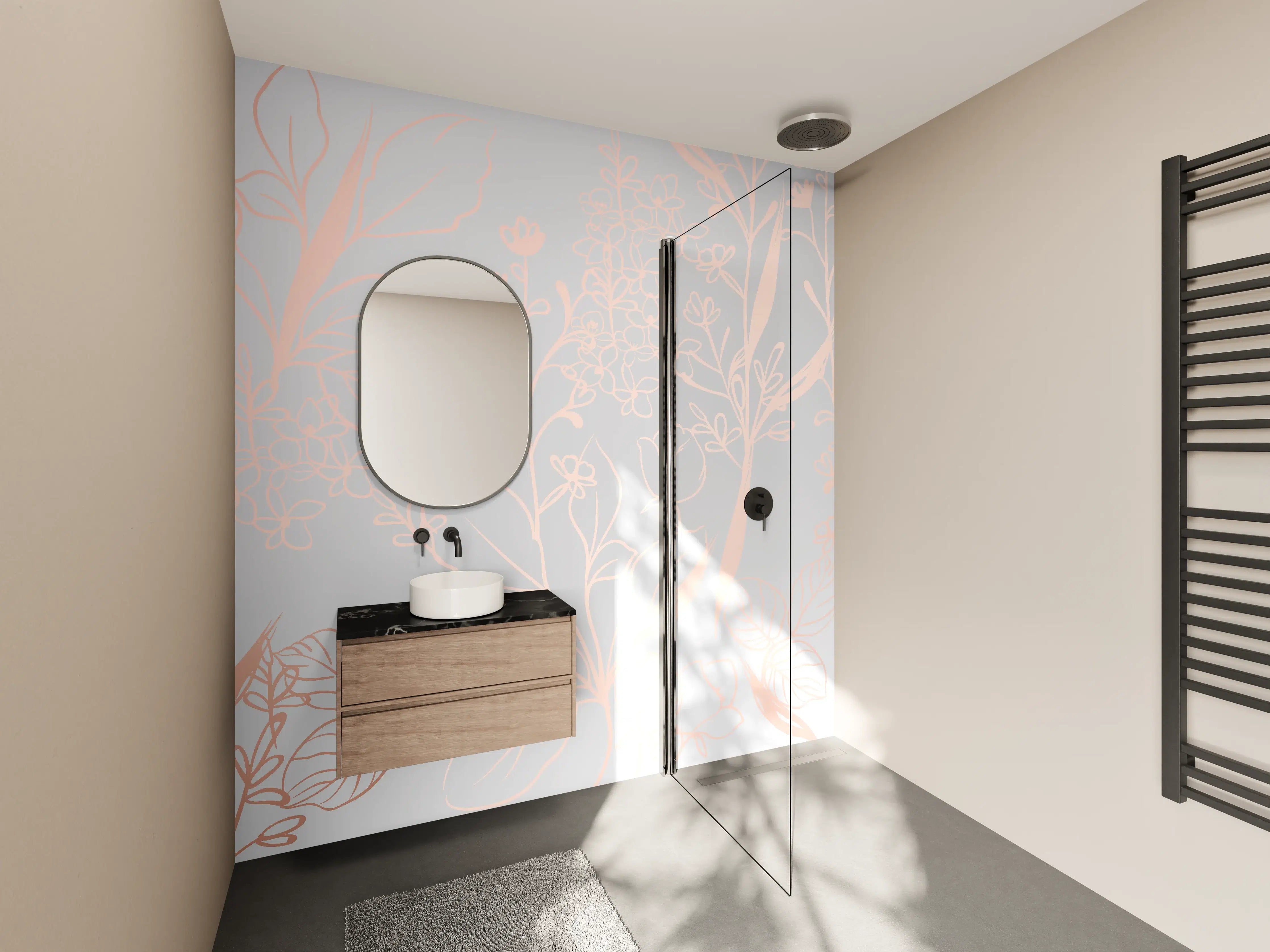 Wandverkleidung Bad - Zarte Blütenillustration Beige-Rosa