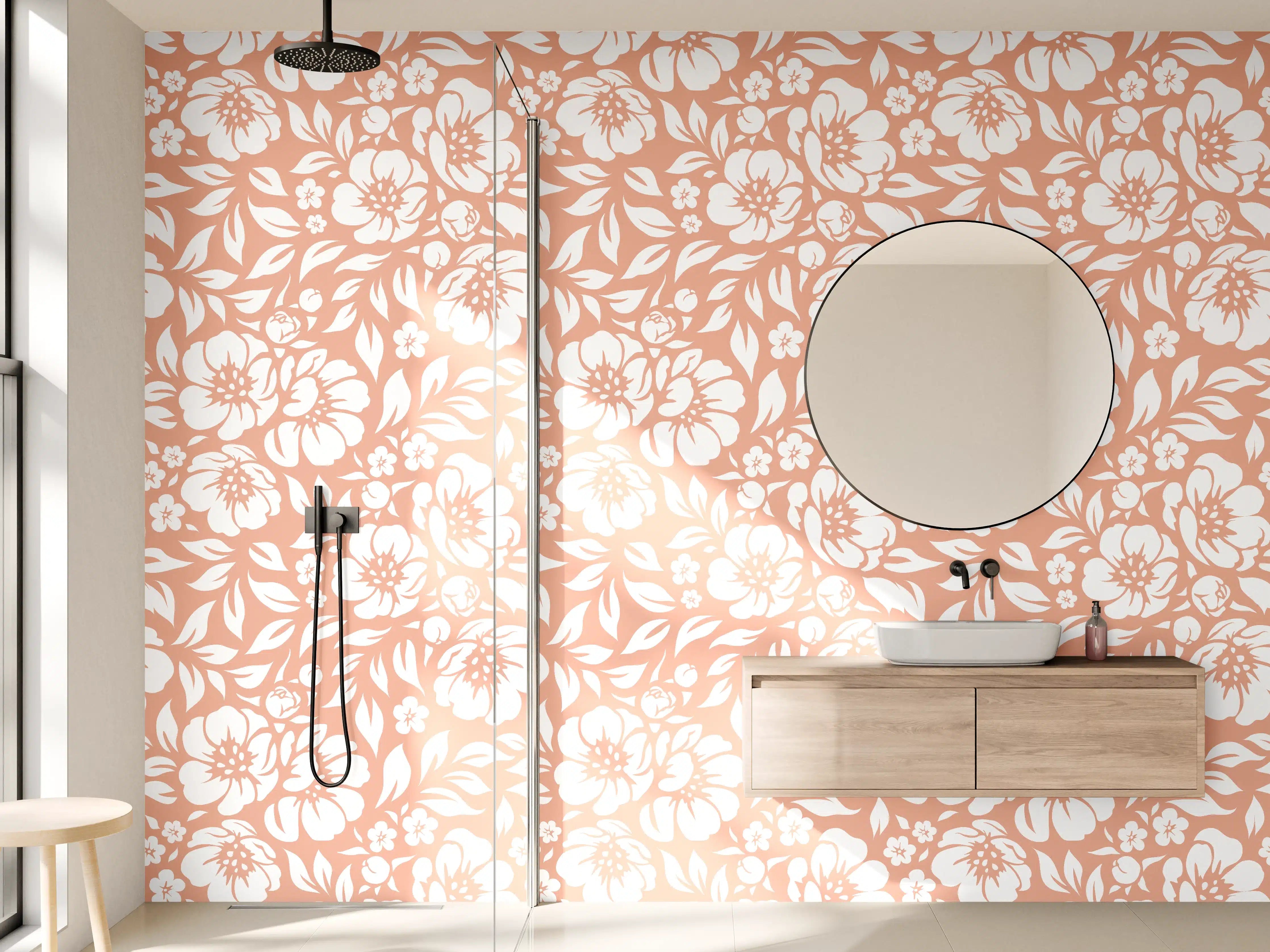 Wandverkleidung Bad - Zarte Blumenmuster in Peach- und Weißtönen