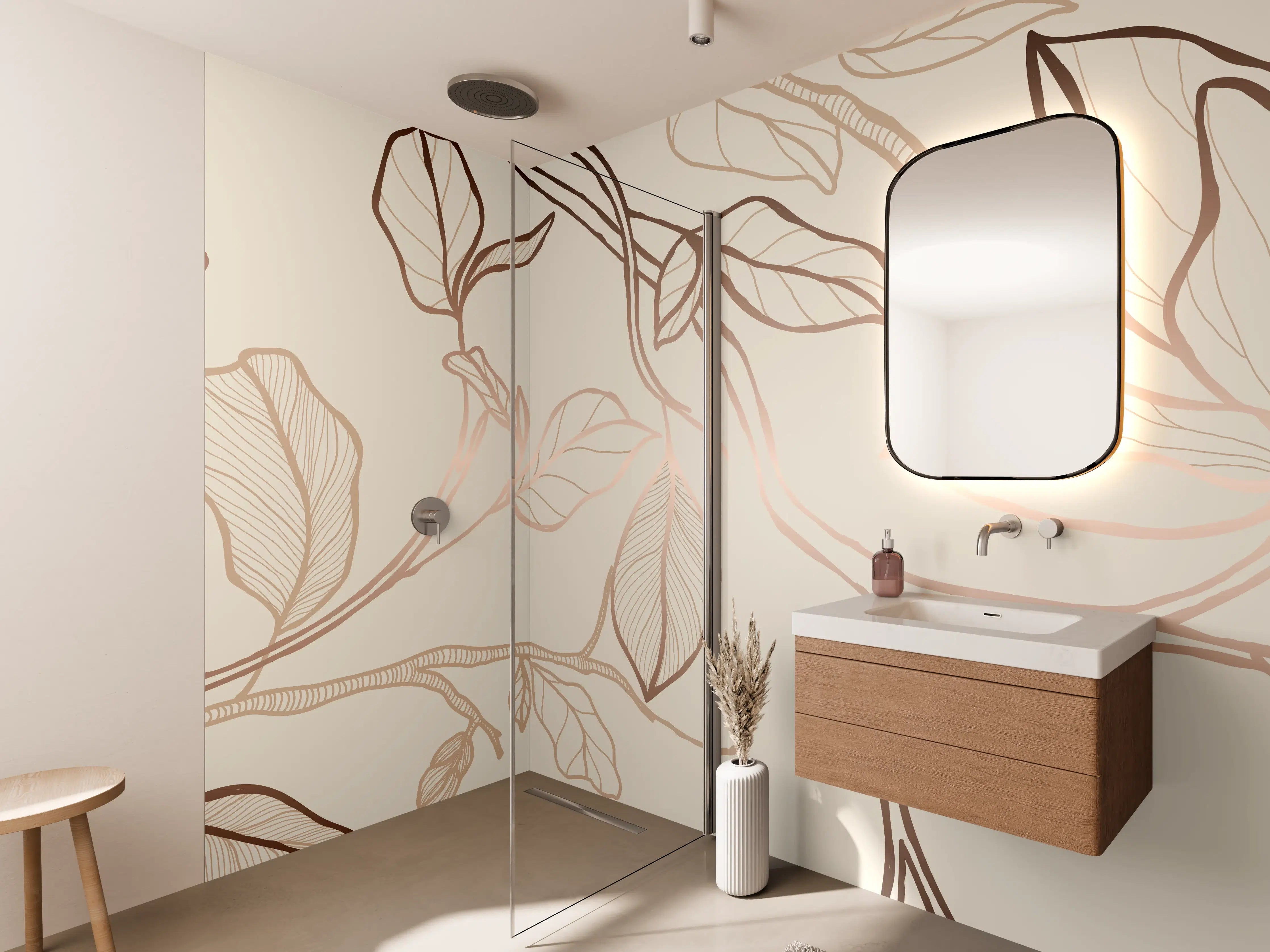 Wandverkleidung Bad - Zarte Blumenzeichnung Beige
