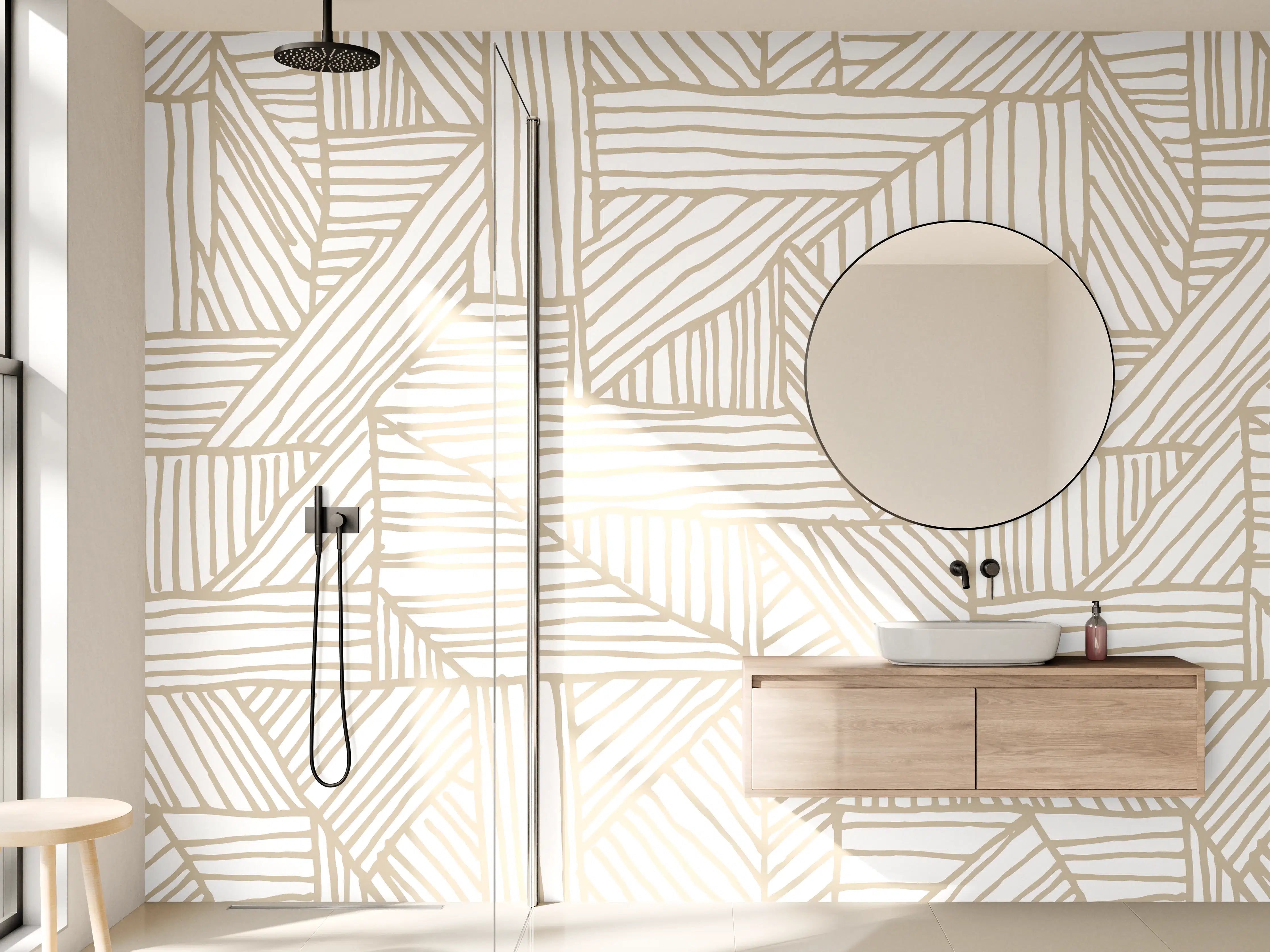 Wandverkleidung Bad - Zarte Graue Formen auf Beigem Quadrat