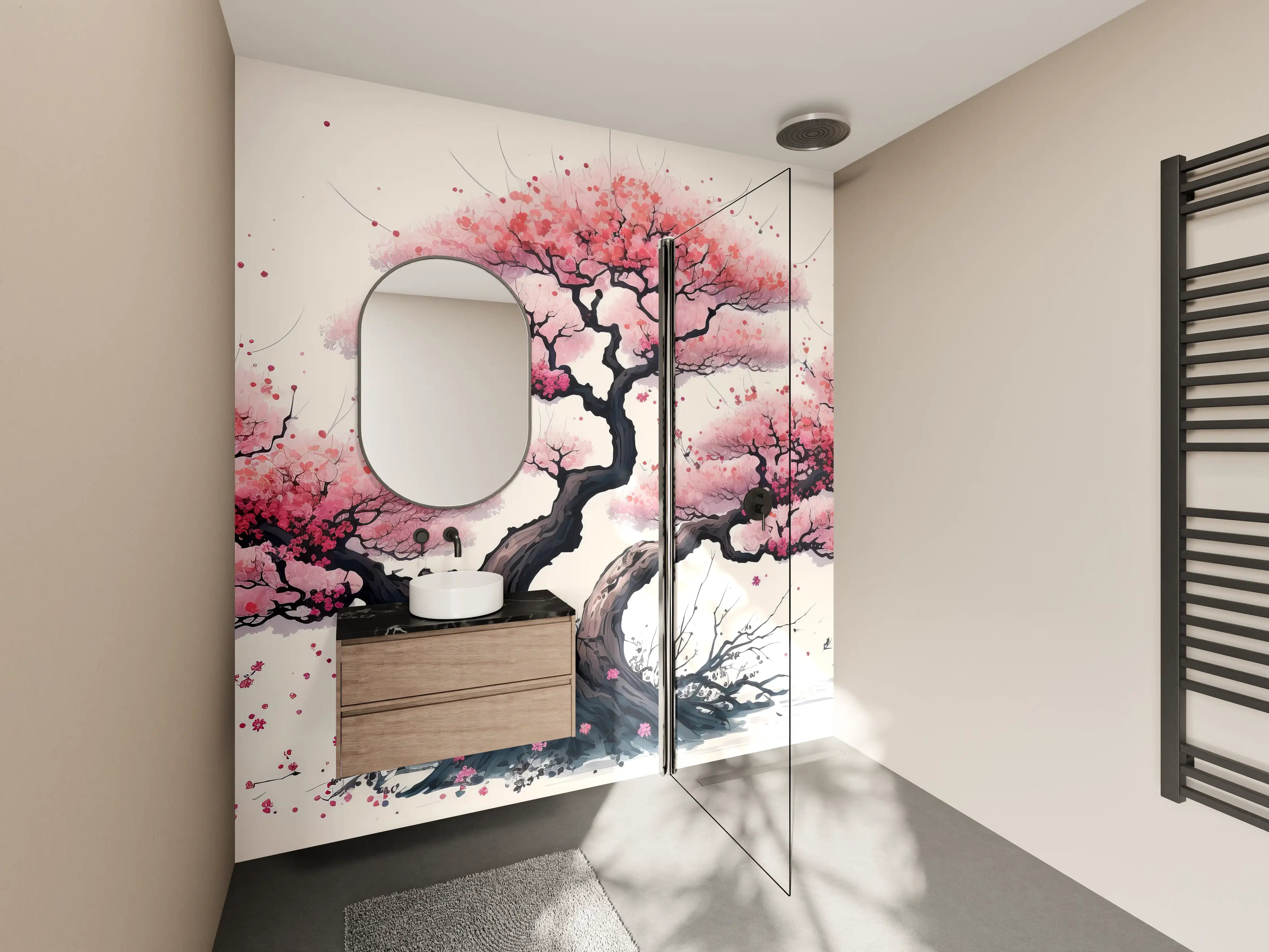 Wandverkleidung Bad - Zarte Kirschblüten in Grauweiß: Aquarellmalerei