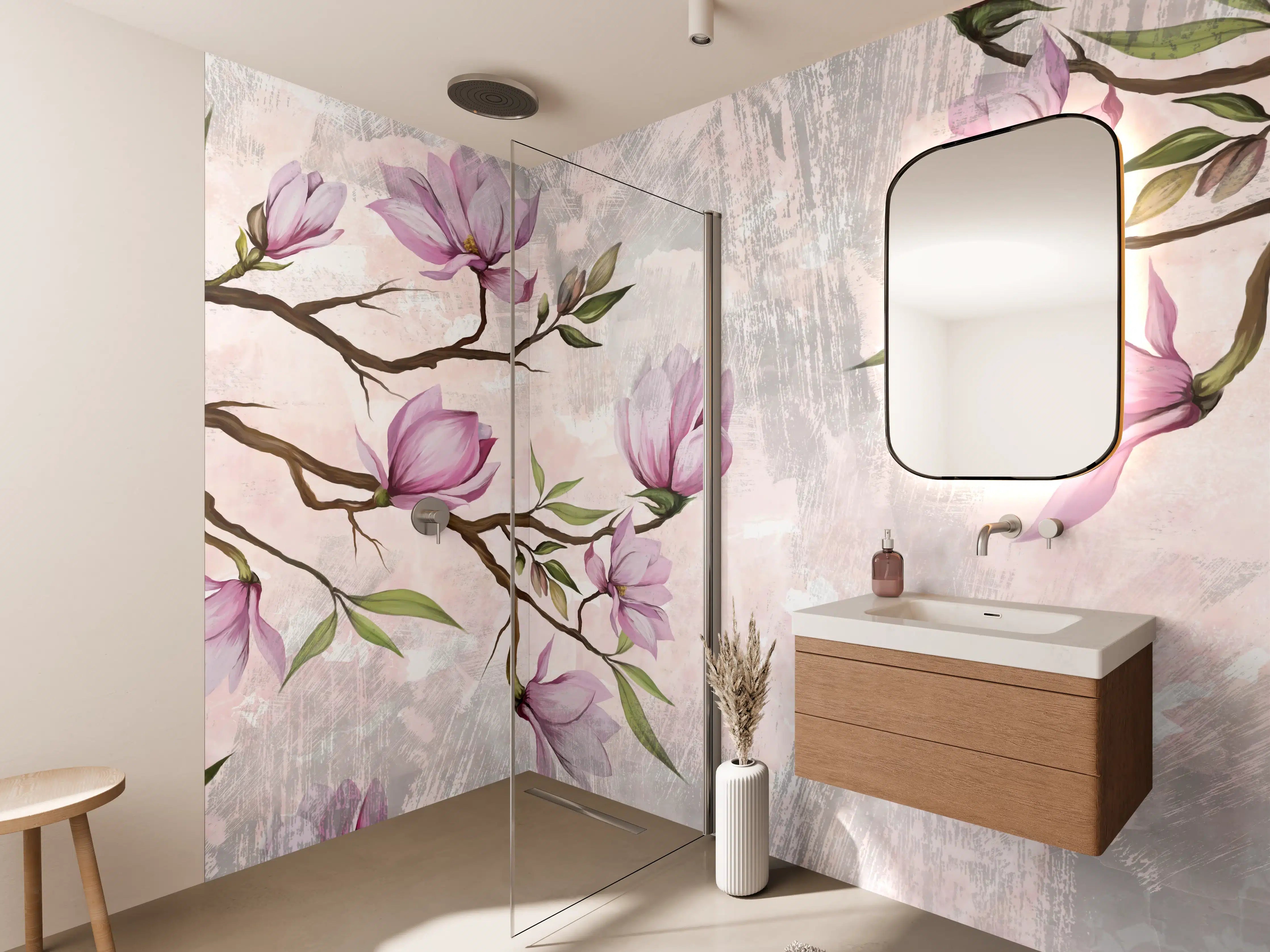Wandverkleidung Bad - Zarte Magnolienblüten auf Pastell-Hintergrund