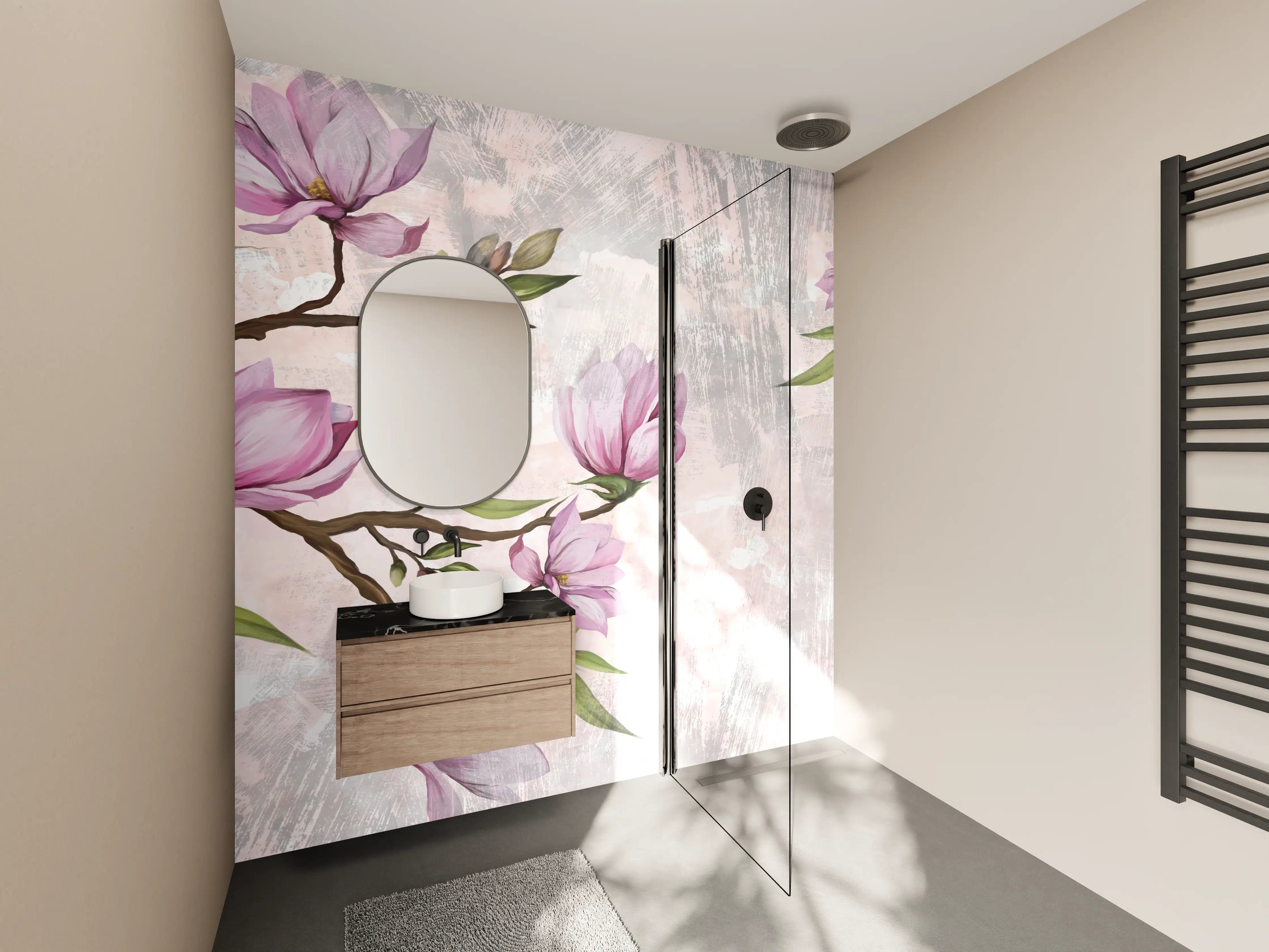 Wandverkleidung Bad - Zarte Magnolienblüten auf Pastell-Hintergrund