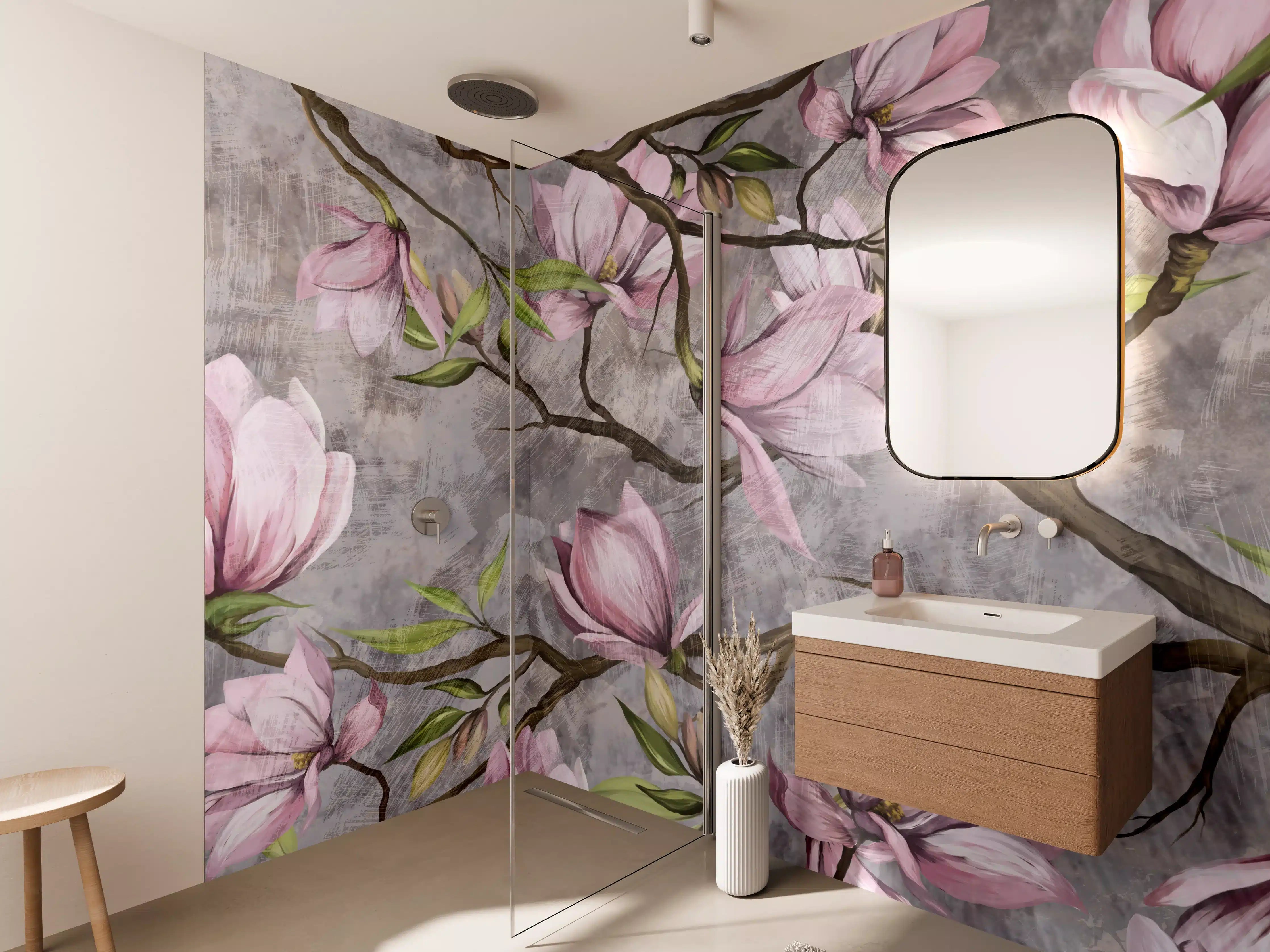 Wandverkleidung Bad - Zarte Magnolienblüten auf grauem Hintergrund