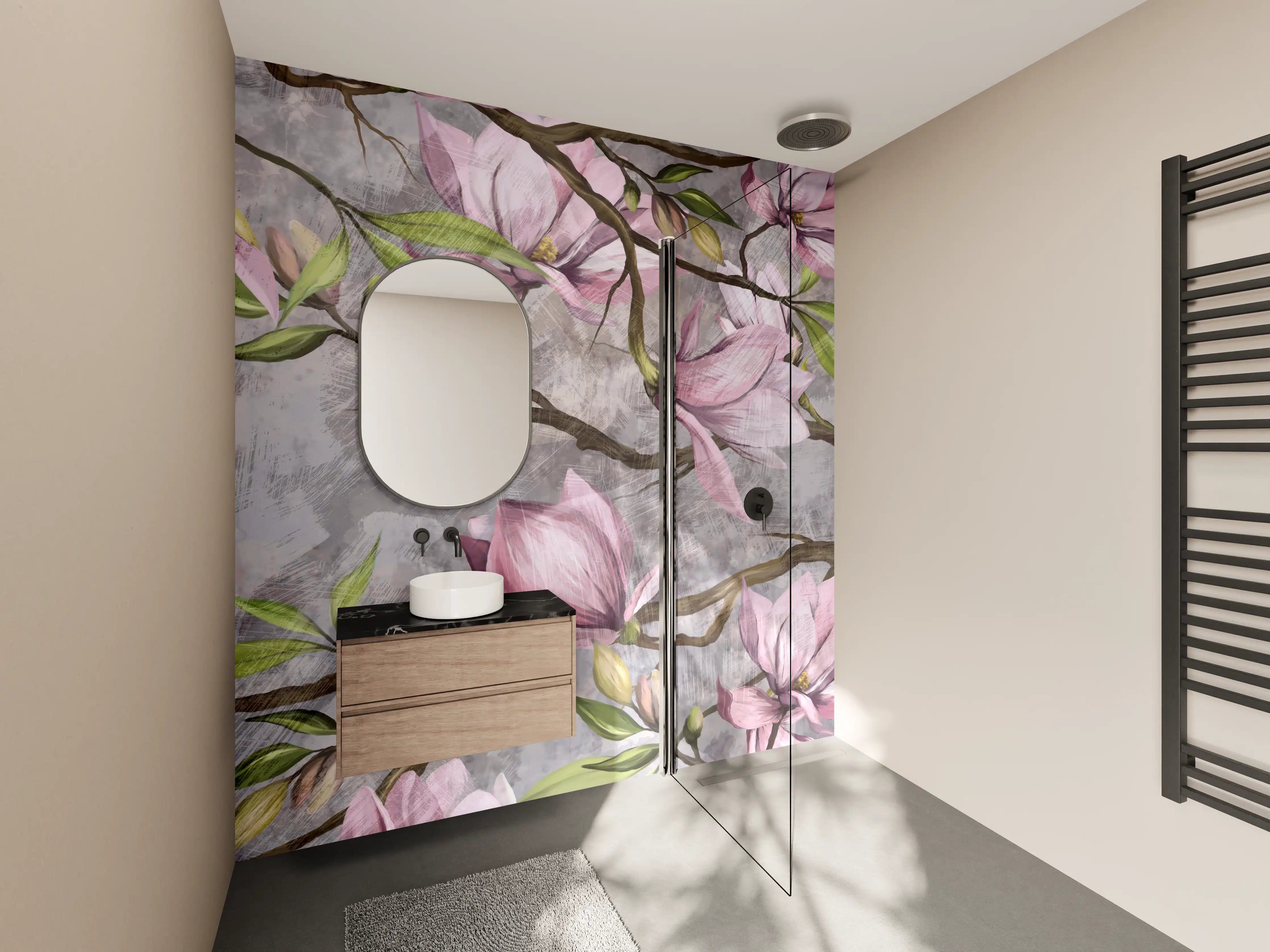 Wandverkleidung Bad - Zarte Magnolienblüten auf grauem Hintergrund