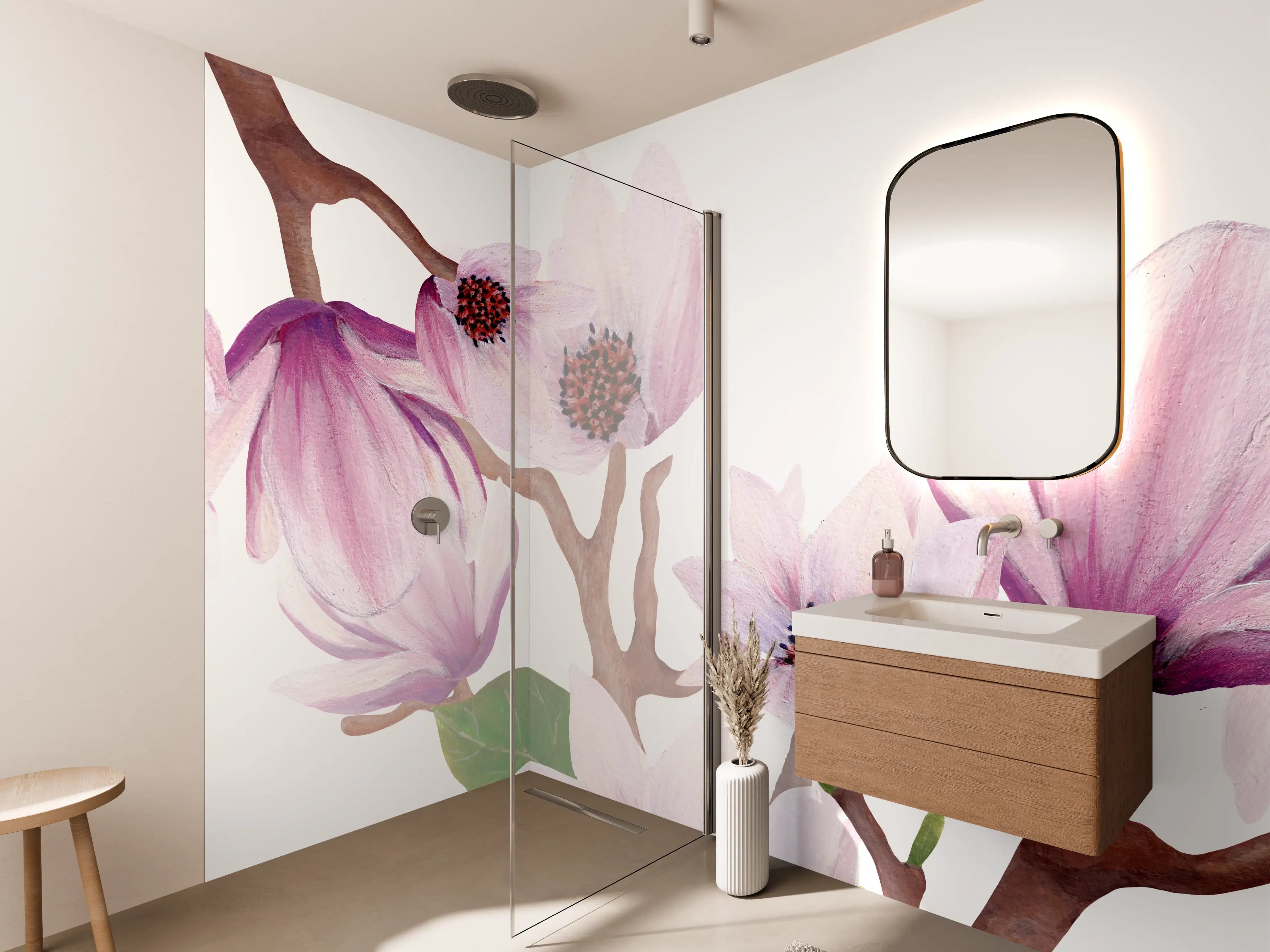Wandverkleidung Bad - Zarte Magnolienblüten auf hellem Hintergrund