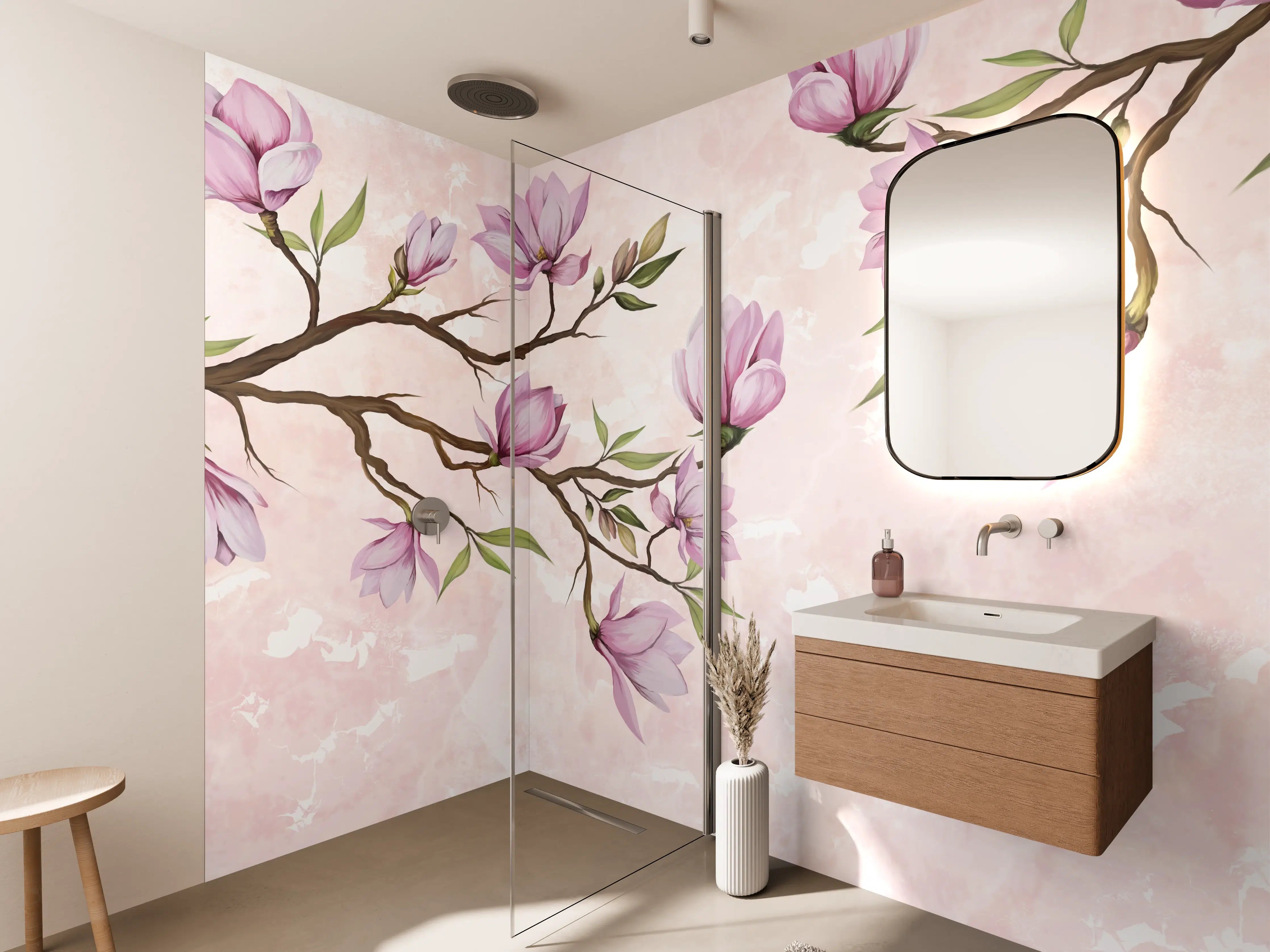 Wandverkleidung Bad - Zarte Magnolienzweige in Blumenmagnolie