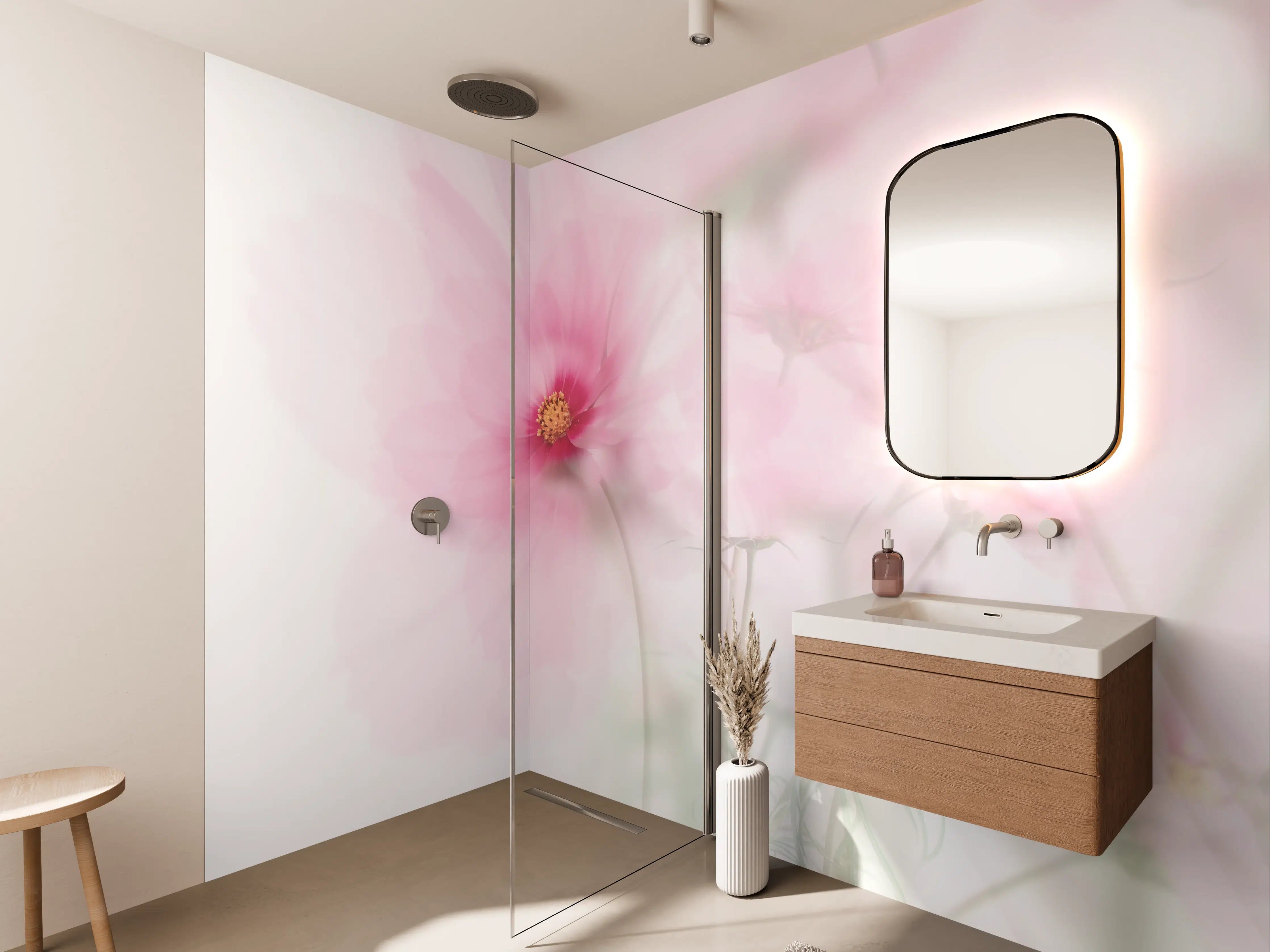 Wandverkleidung Bad - Zarte Rosa Blüten mit Grau-Tönen