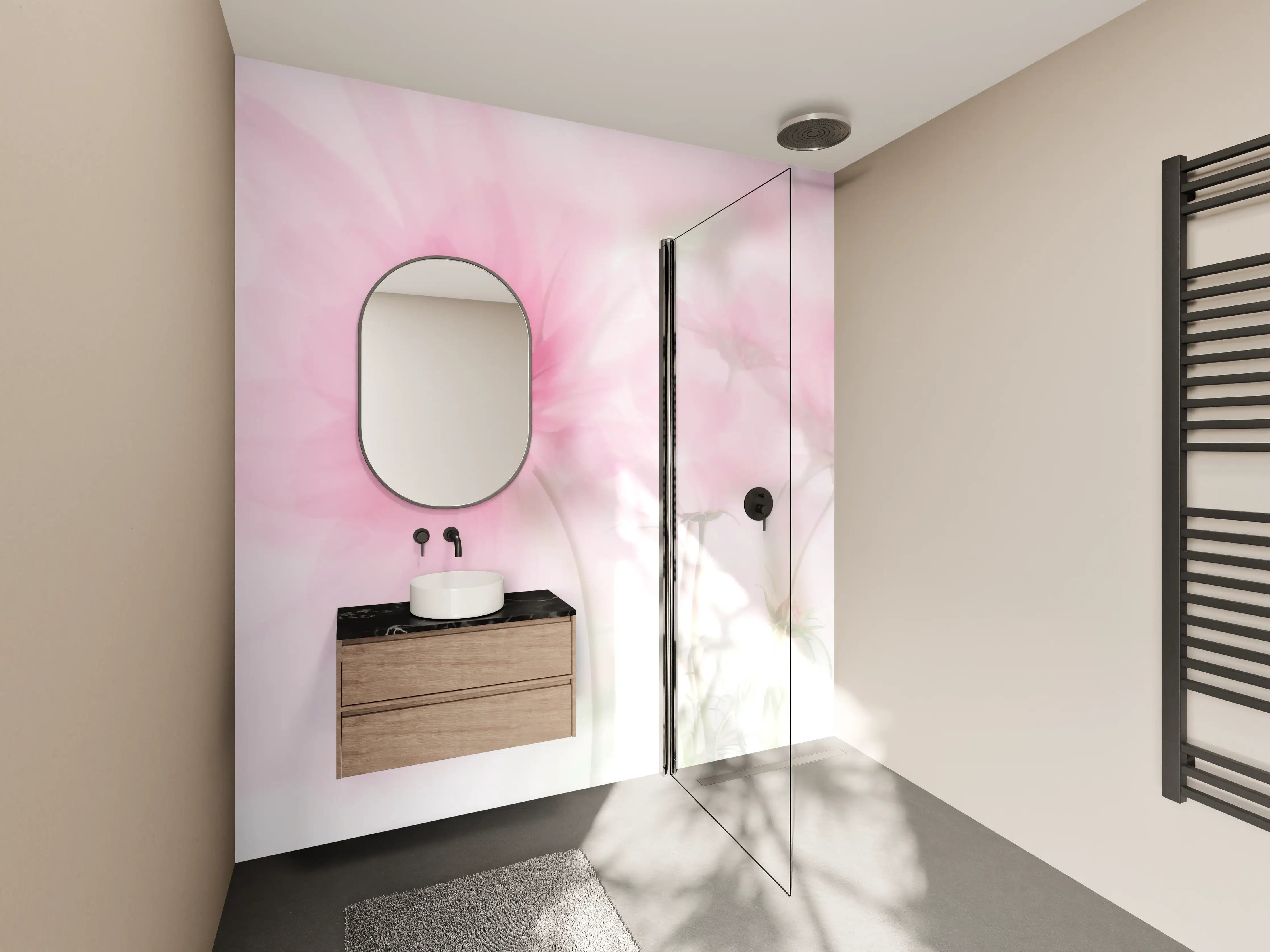 Wandverkleidung Bad - Zarte Rosa Blüten mit Grau-Tönen