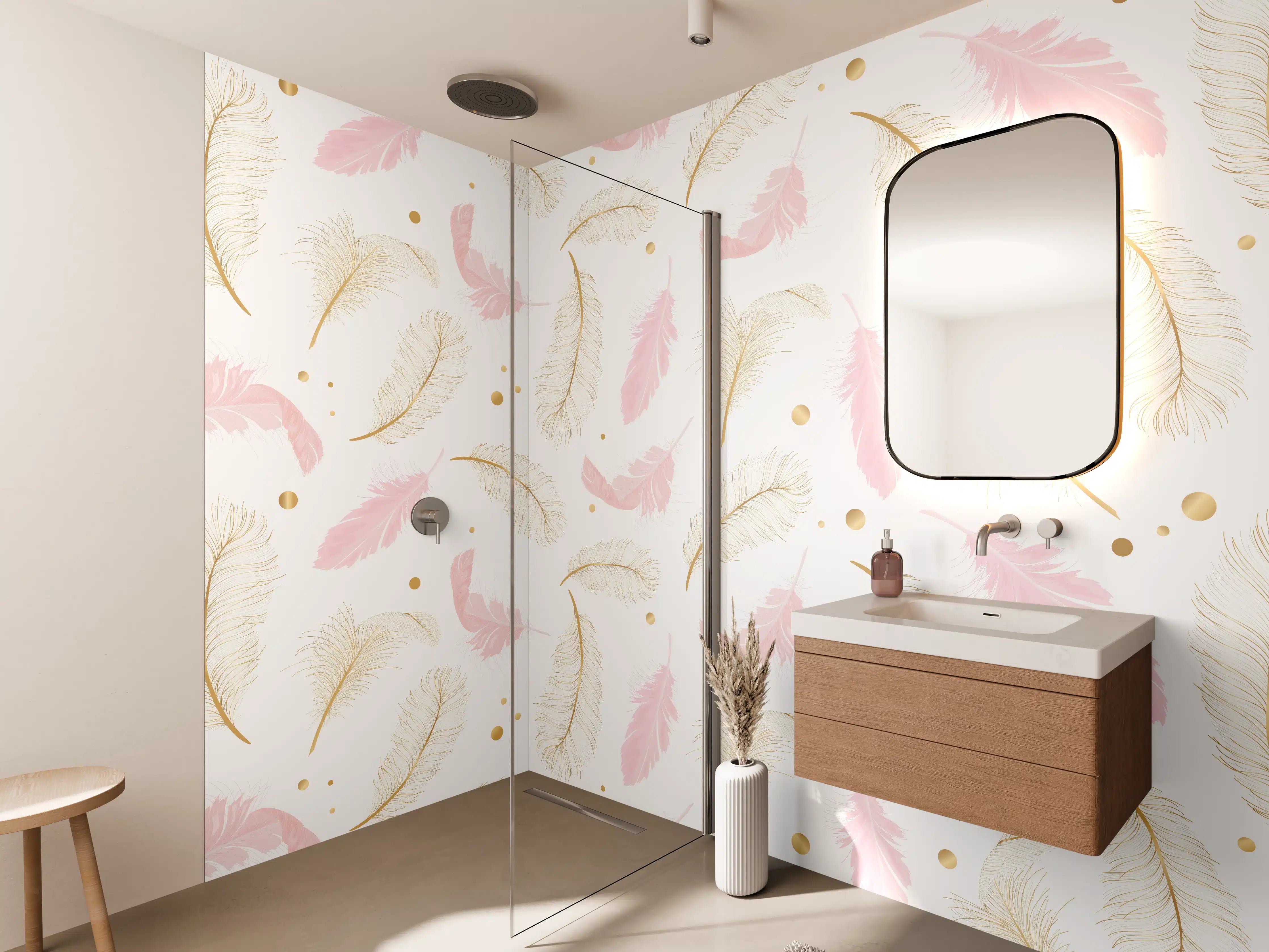 Wandverkleidung Bad - Zarte Rosa-Gold Feder-Muster