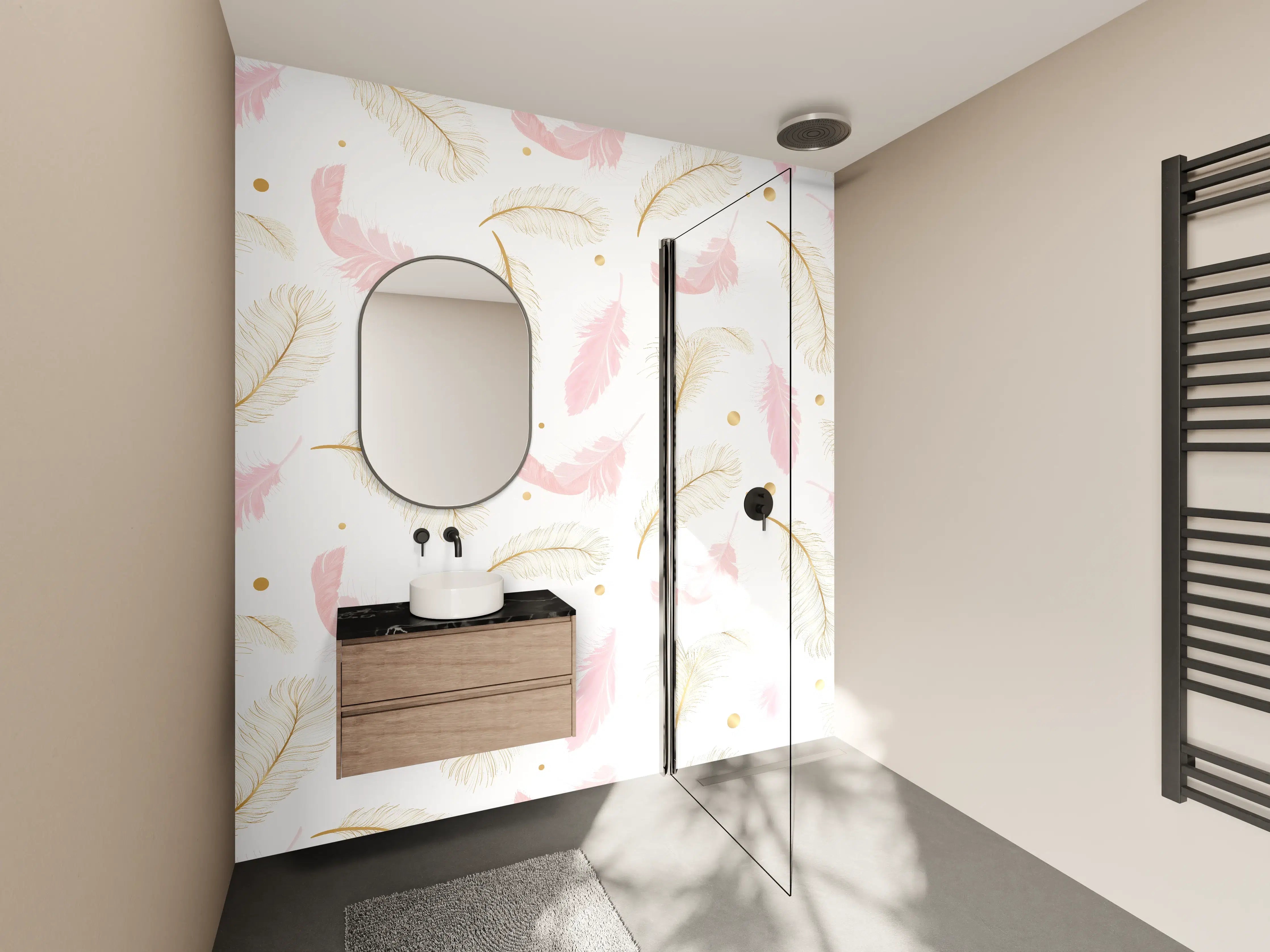 Wandverkleidung Bad - Zarte Rosa-Gold Feder-Muster