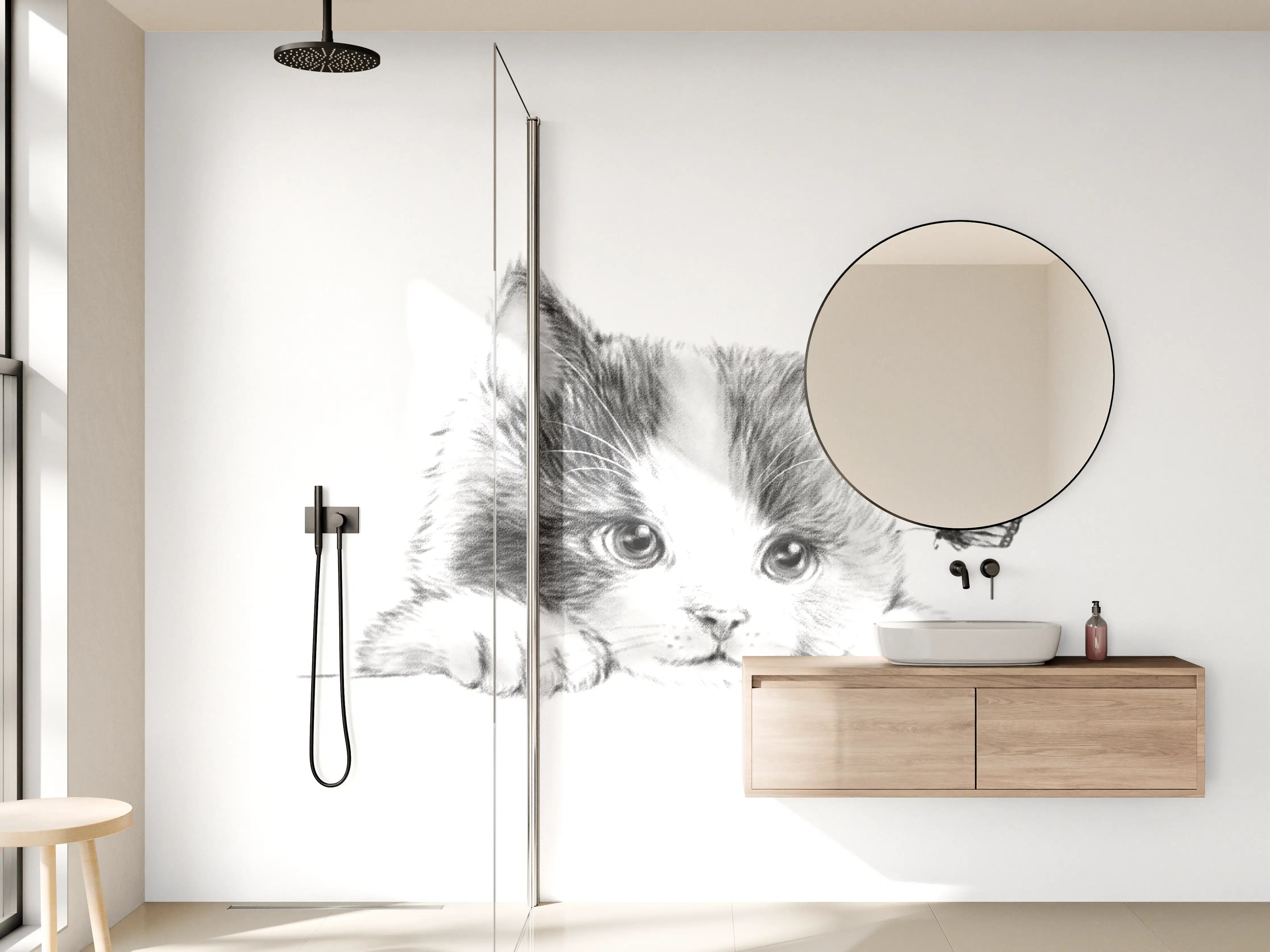 Wandverkleidung Bad - Zartes Grau-Kätzchen mit Schmetterling