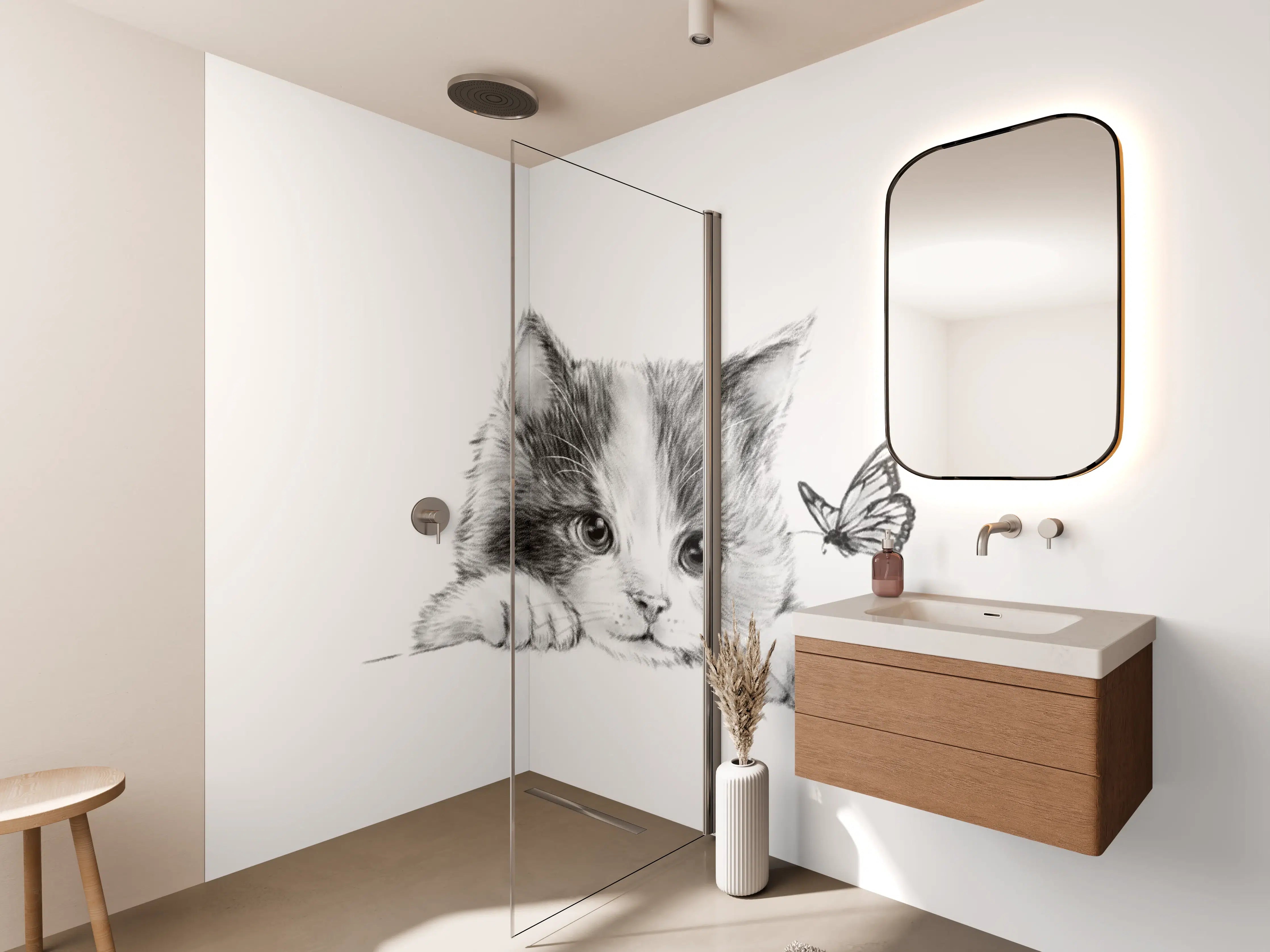 Wandverkleidung Bad - Zartes Grau-Kätzchen mit Schmetterling