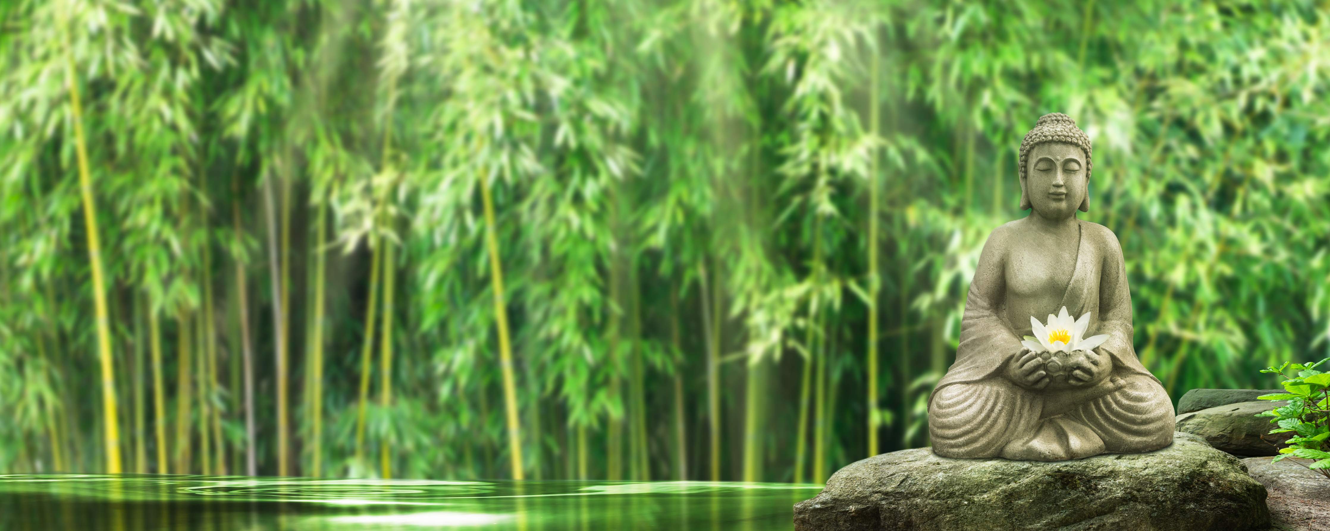 Wandverkleidung Bad-Zen-Garten mit Buddha-Figur und Bambus