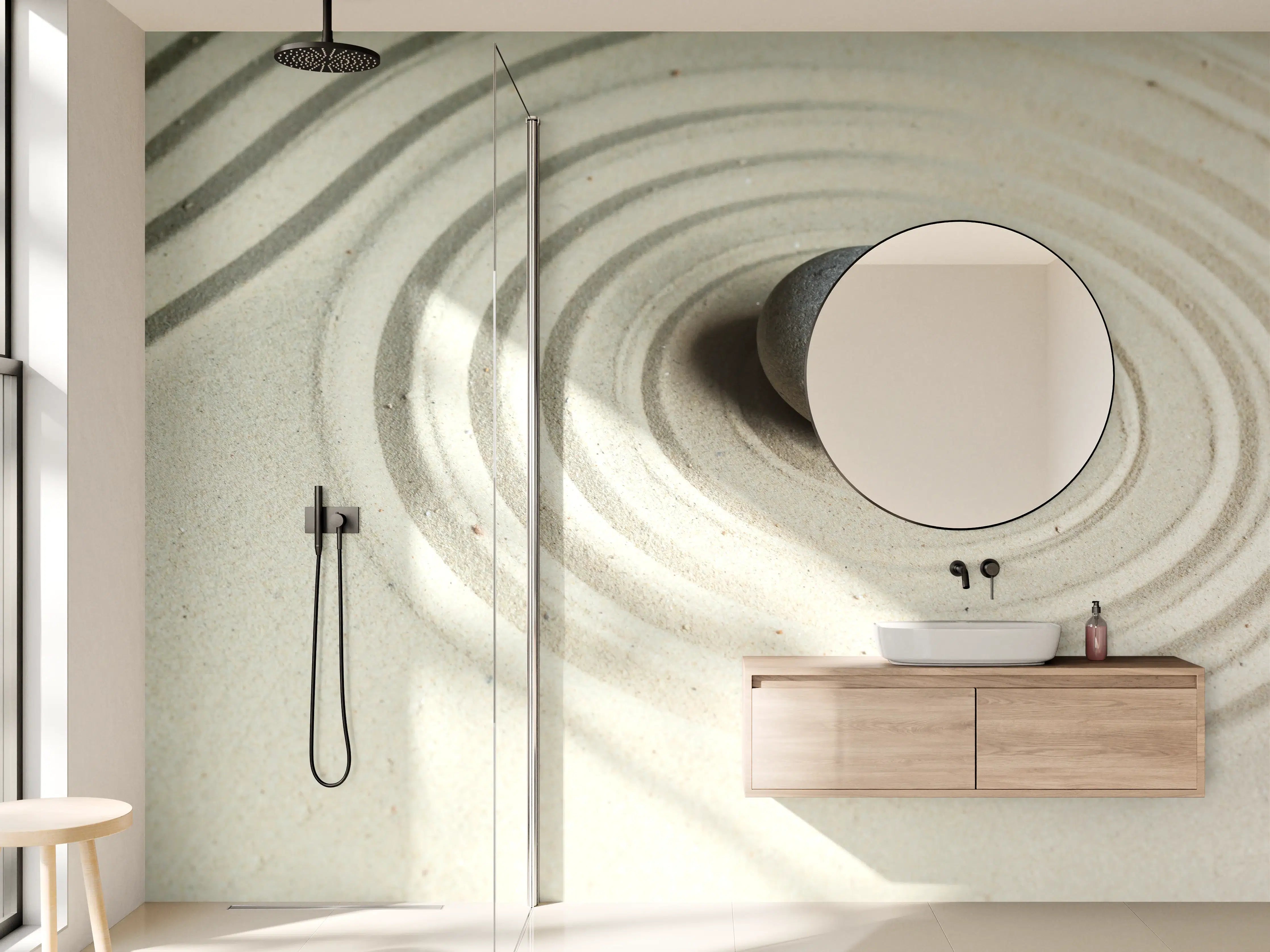 Wandverkleidung Bad - Zen-Garten mit Sandmustern und Stein