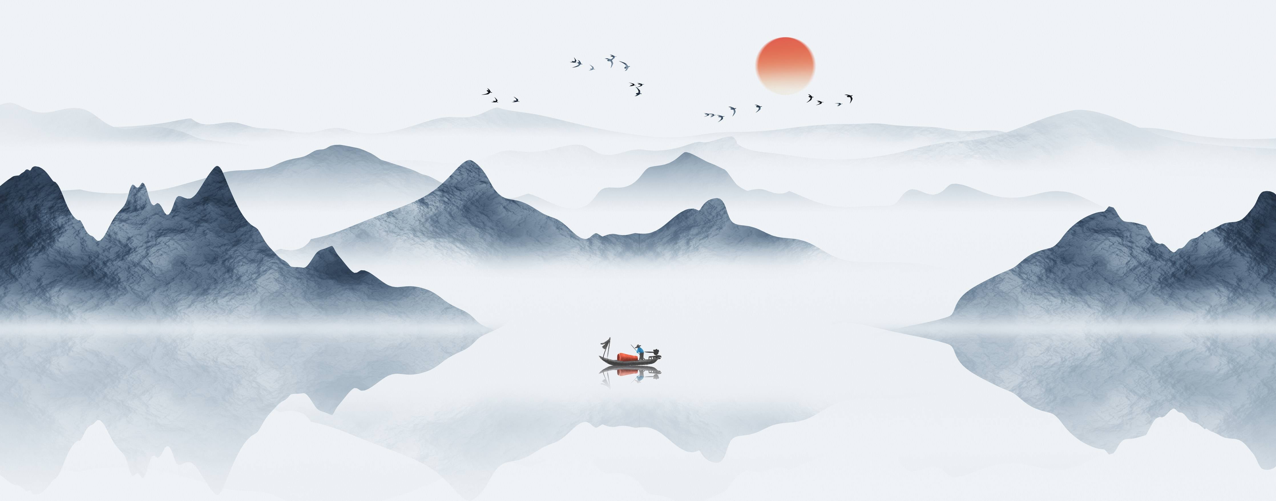 Wandverkleidung Bad-Zen-Inspiration mit Bergsee und Sonnenuntergang