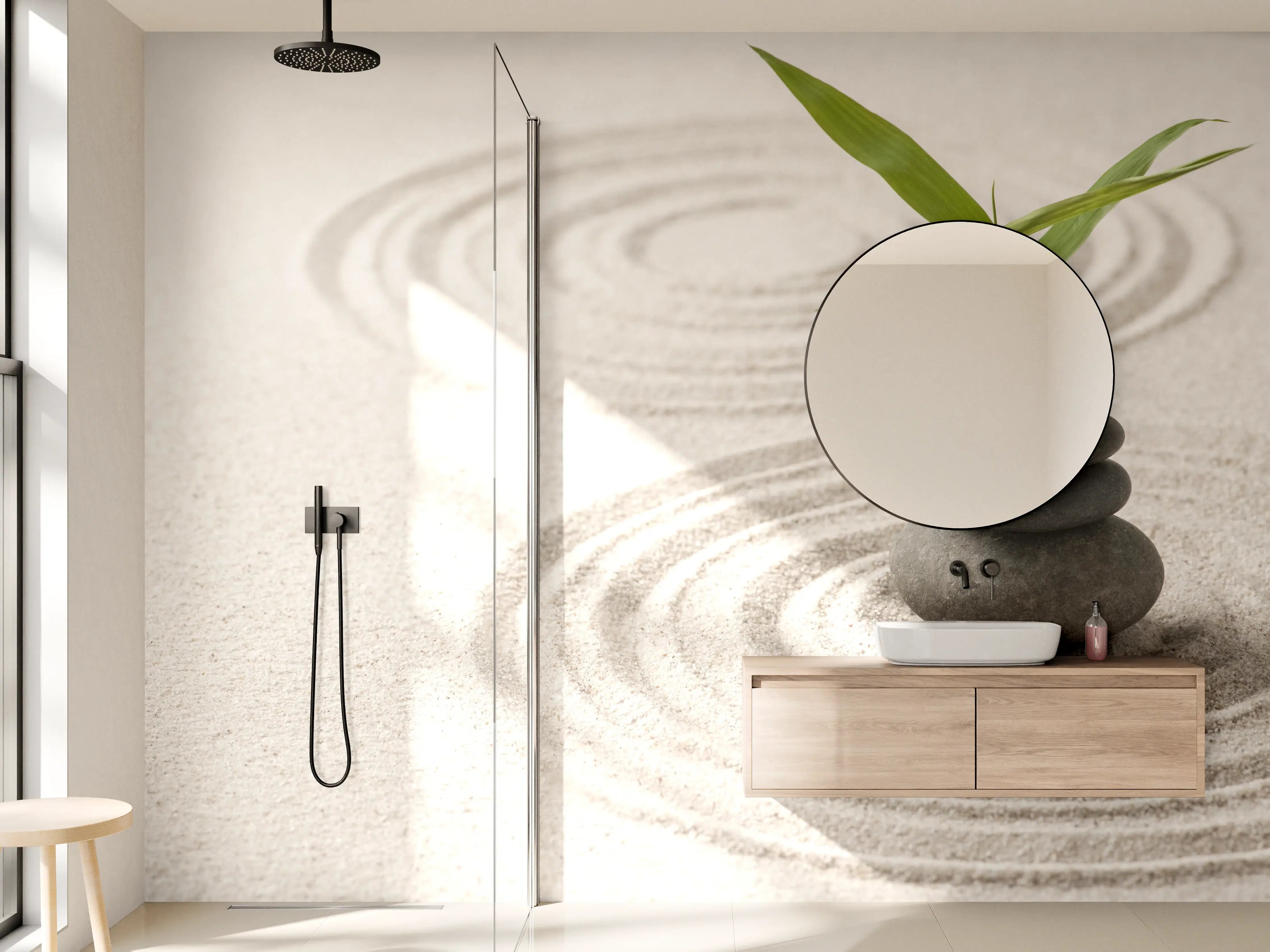 Wandverkleidung Bad - Zen Stein und Bambus im Sand