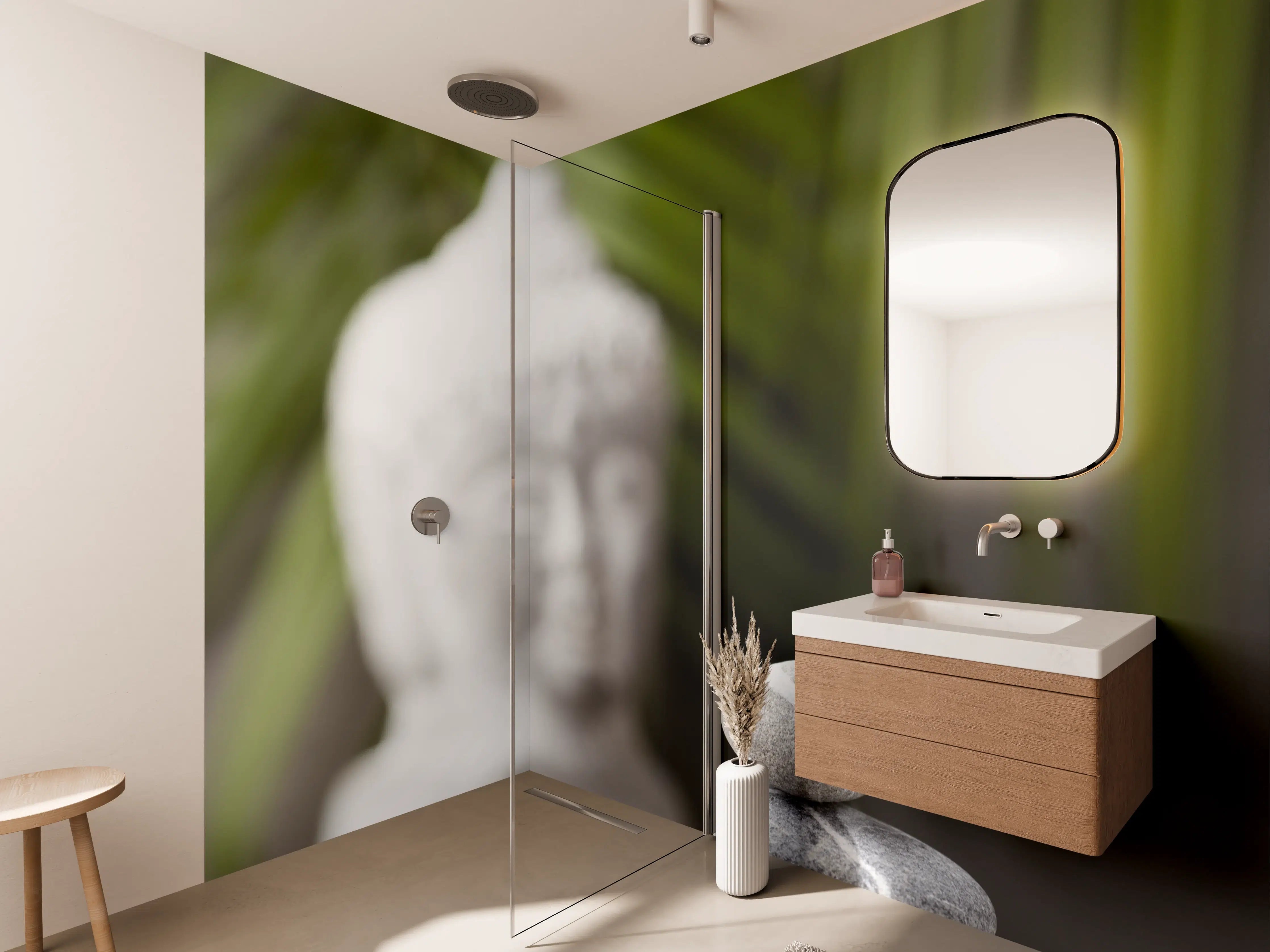 Wandverkleidung Bad - Zen-Steine und Buddha-Statue im ruhigen Garten