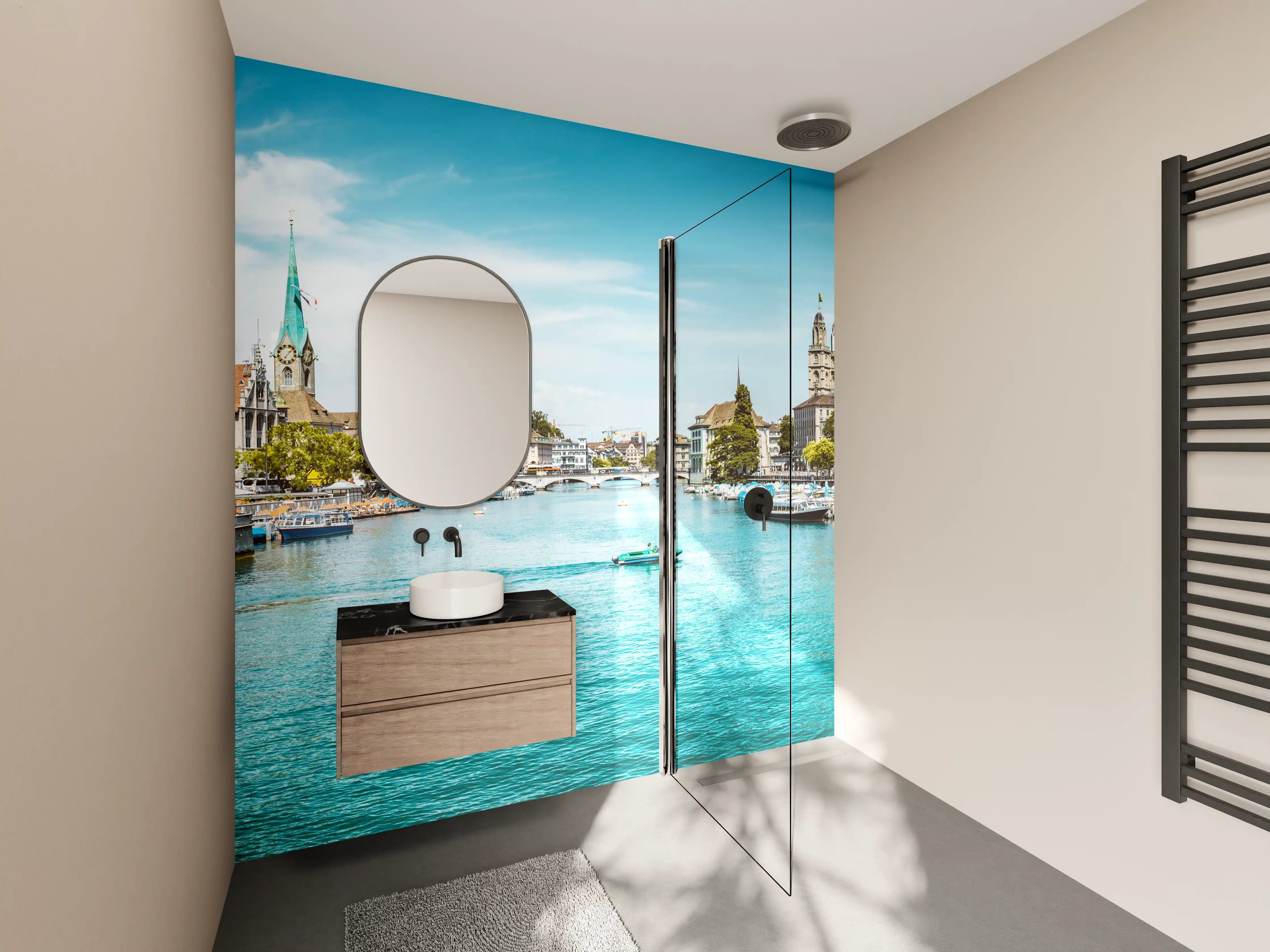 Wandverkleidung Bad - Zürich Skyline Panorama mit Fluss Limmat