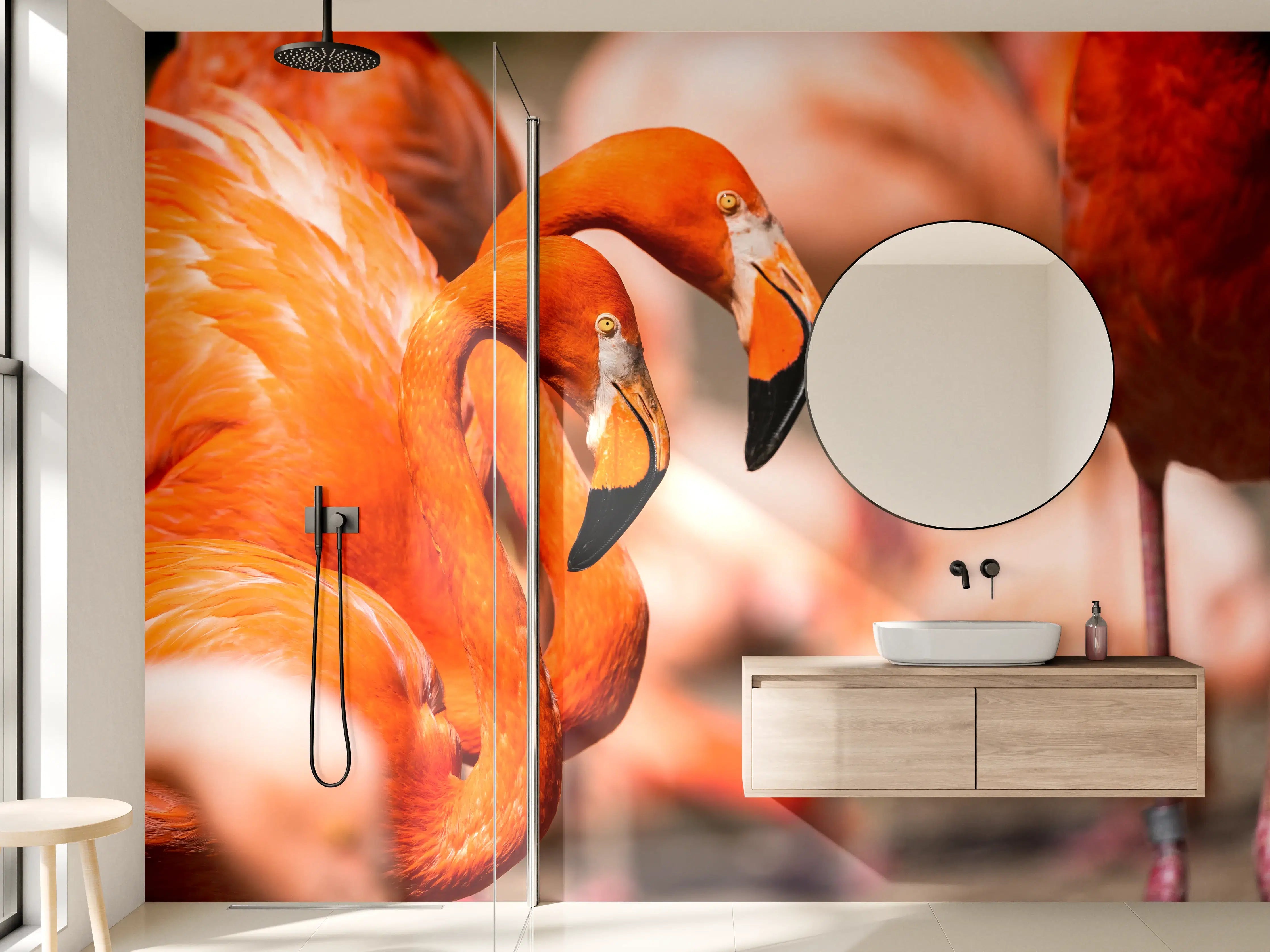 Wandverkleidung Bad - Zwei Flamingos in der Herde