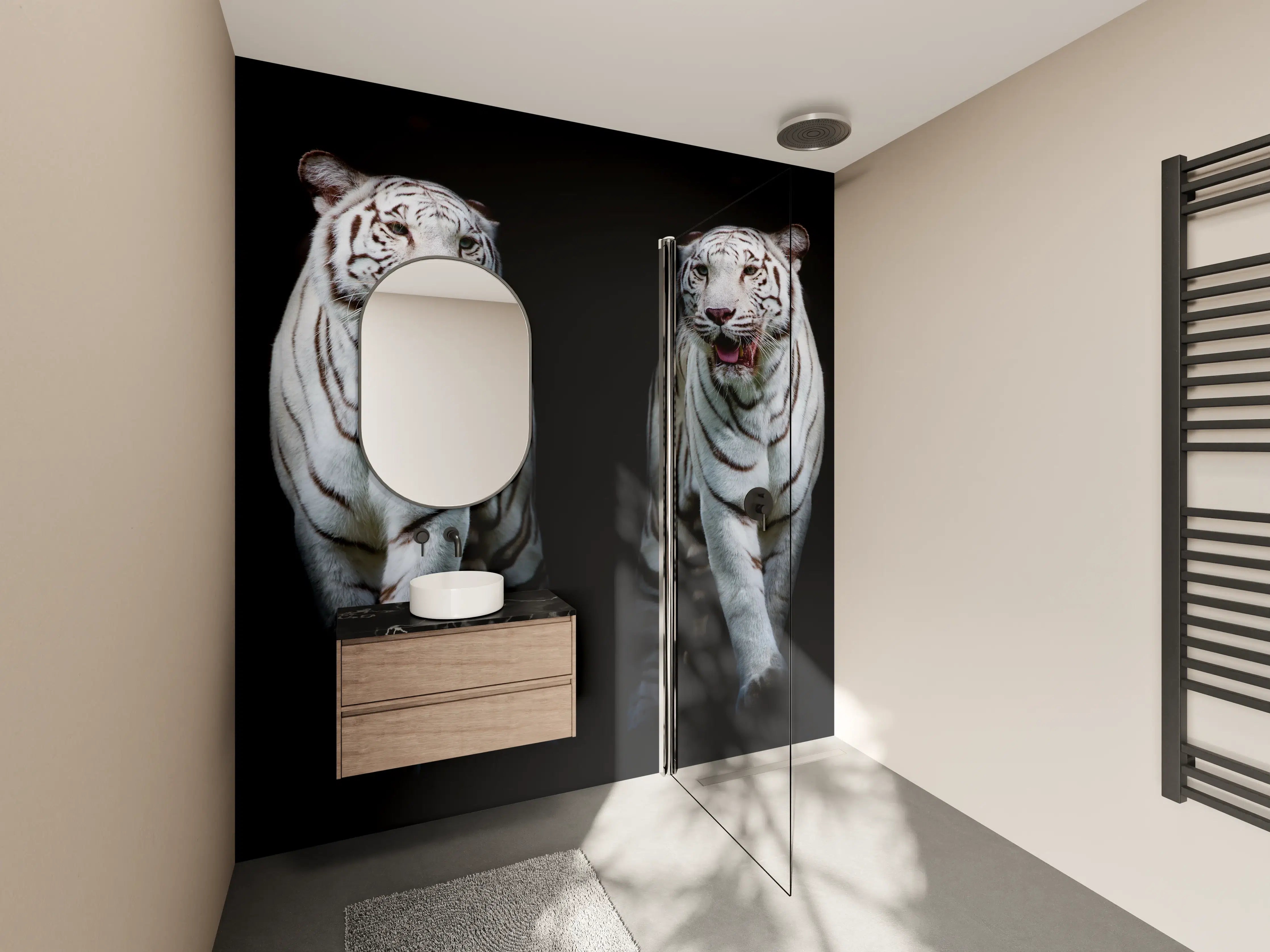 Wandverkleidung Bad - Zwei weiße Tiger auf schwarzem Hintergrund