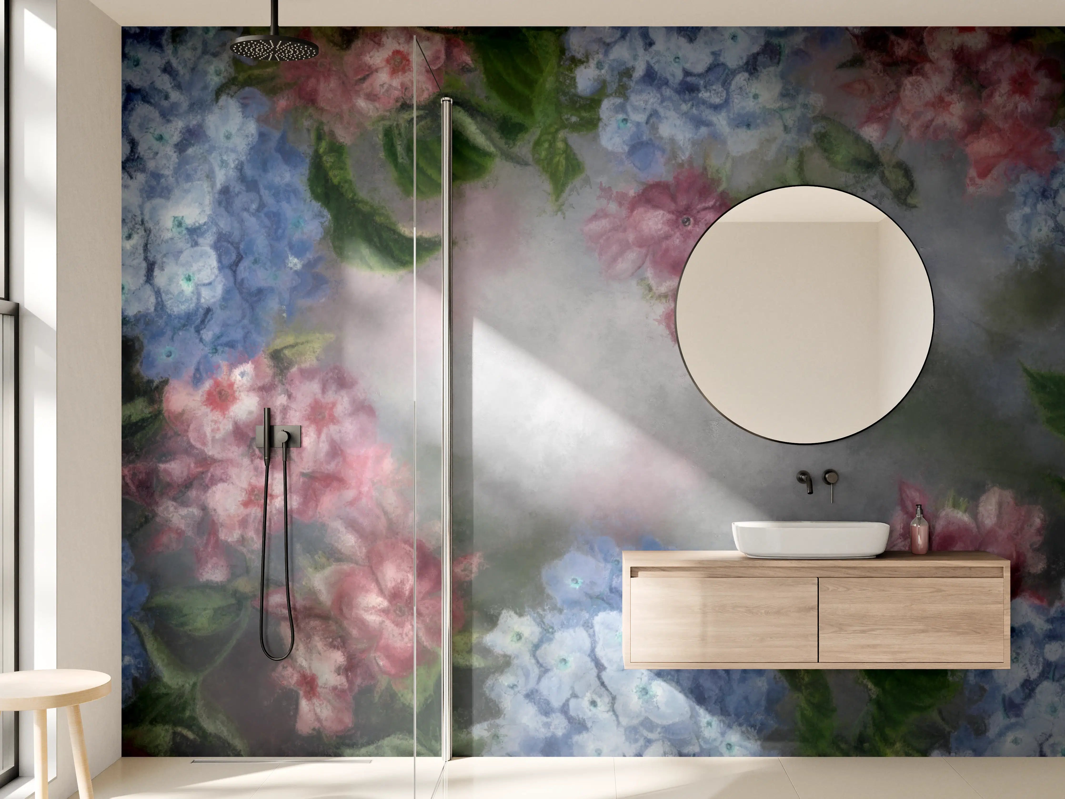 Wandverkleidung Bad - antiquarisches Blumengemälde