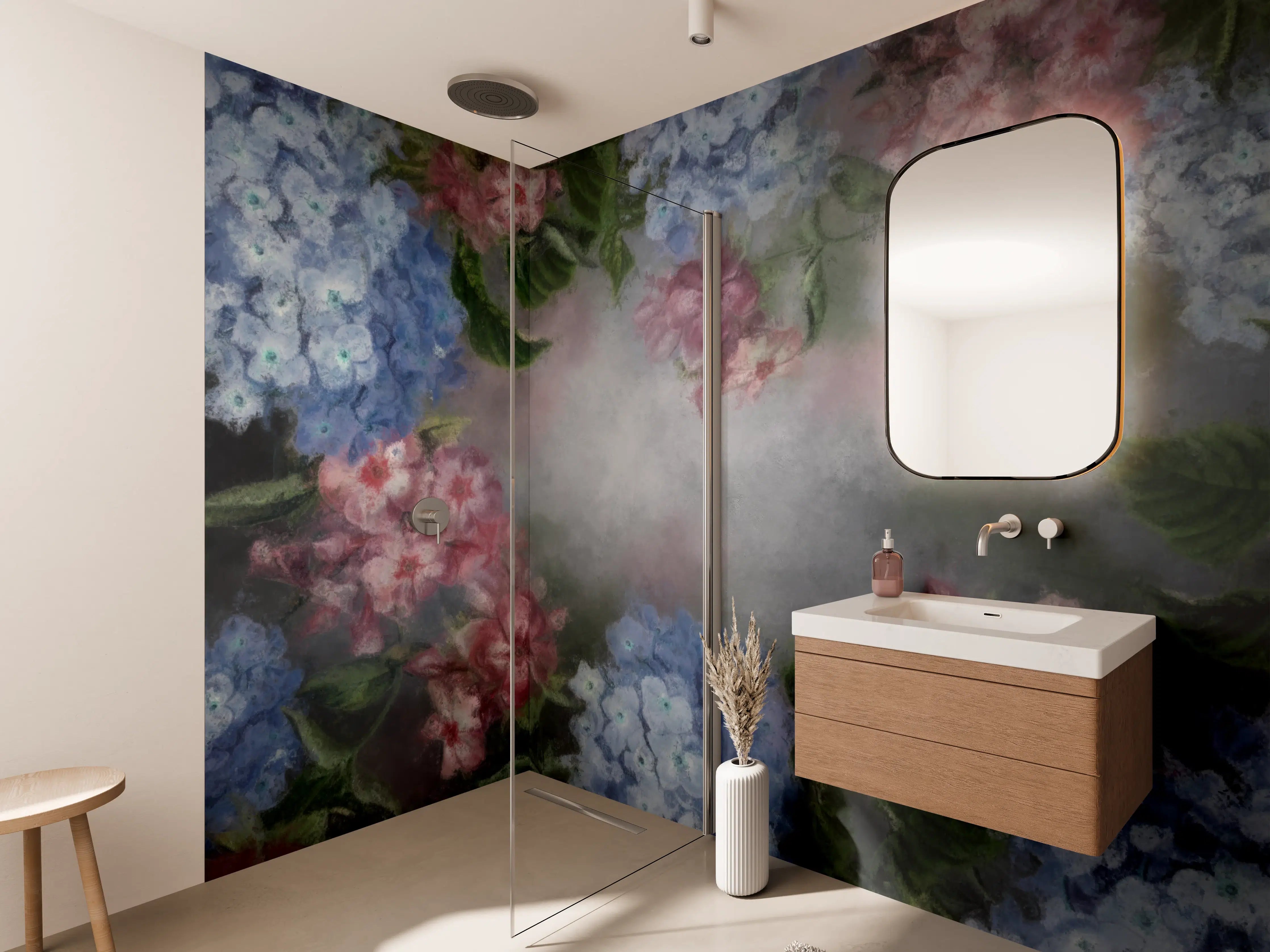 Wandverkleidung Bad - antiquarisches Blumengemälde