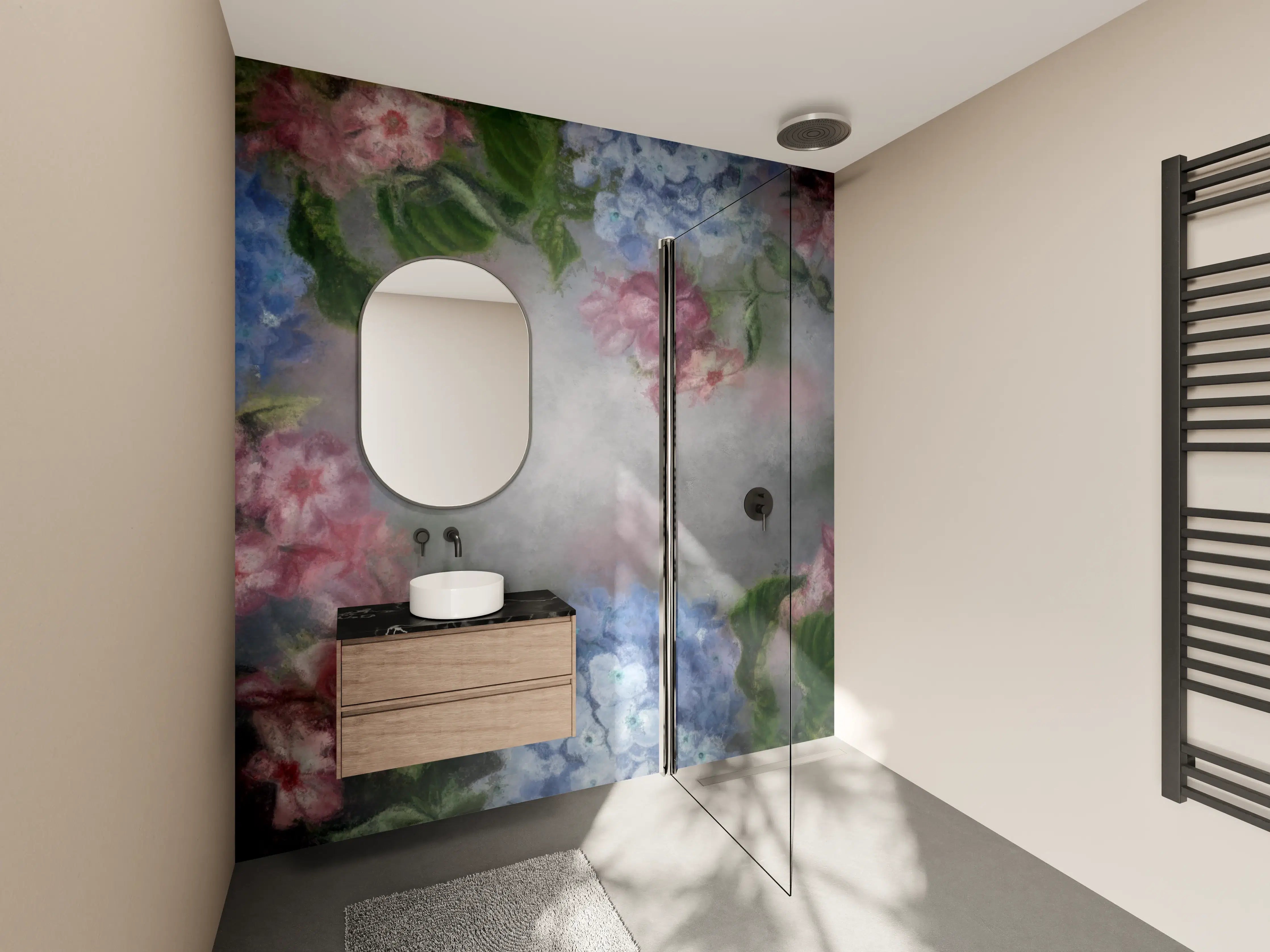 Wandverkleidung Bad - antiquarisches Blumengemälde