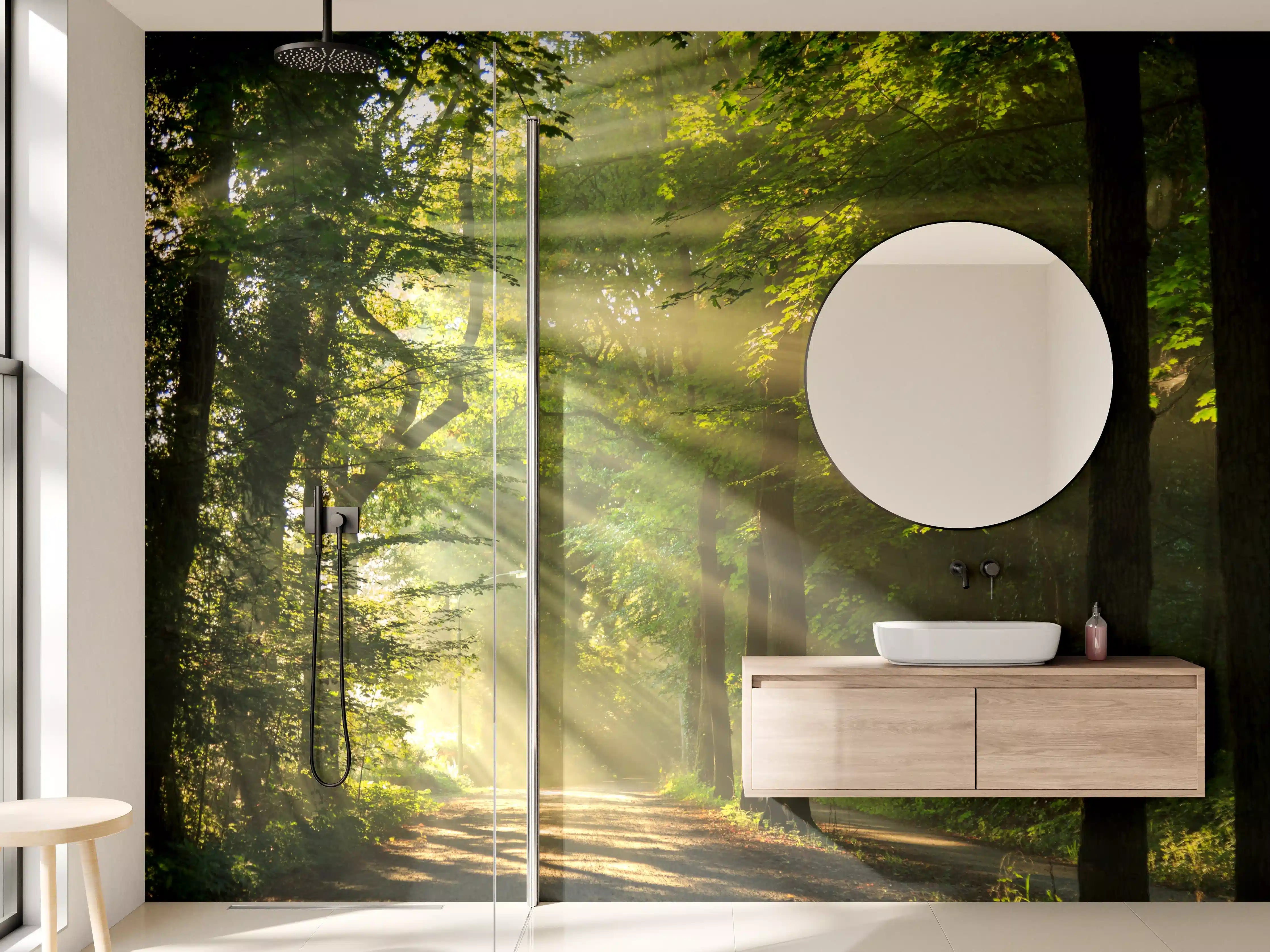 Wandverkleidung Bad - erleuchtende Sonnenstrahlen in den Wald 