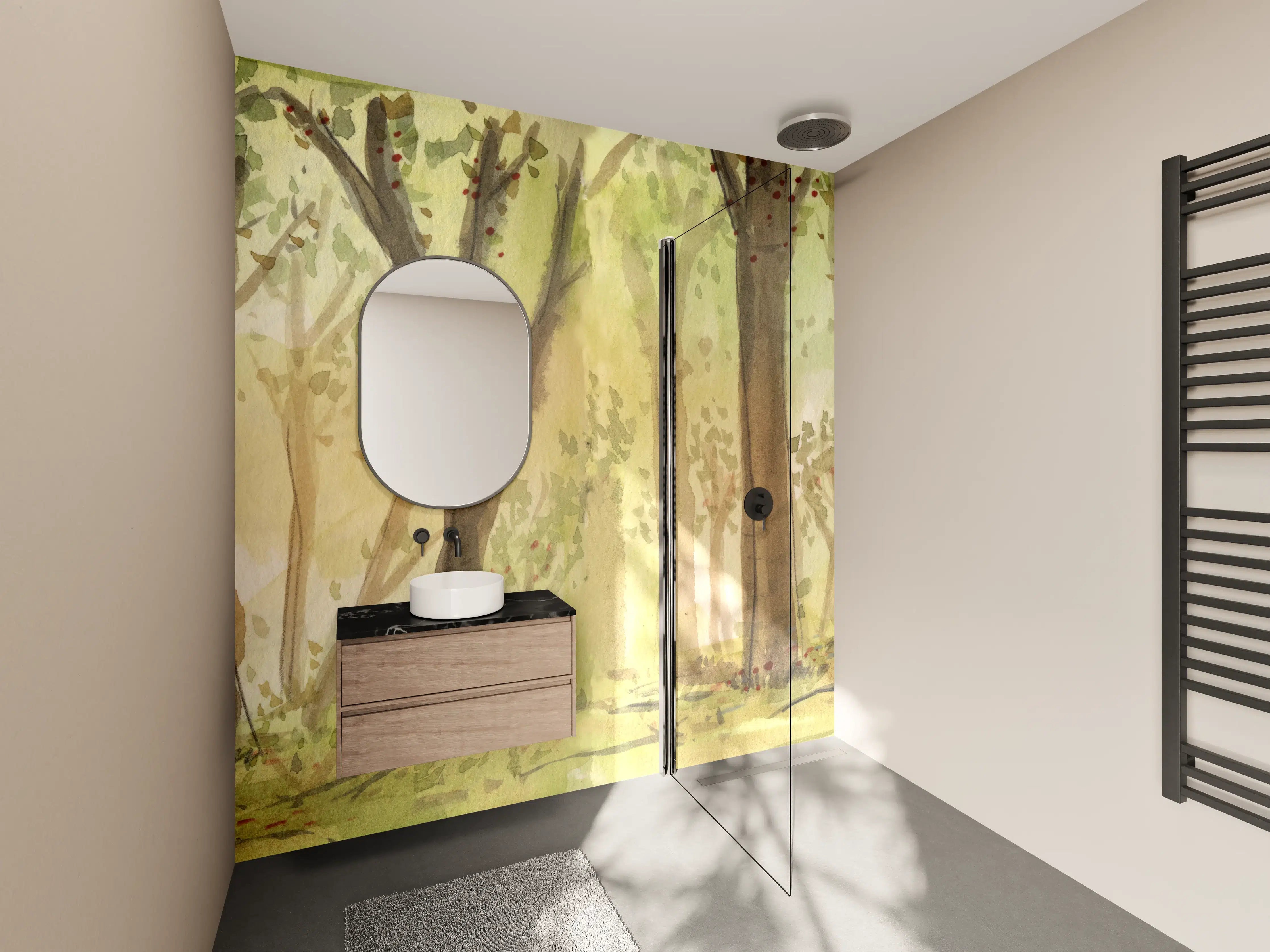 Wandverkleidung Bad - heller Aquarell Wald 