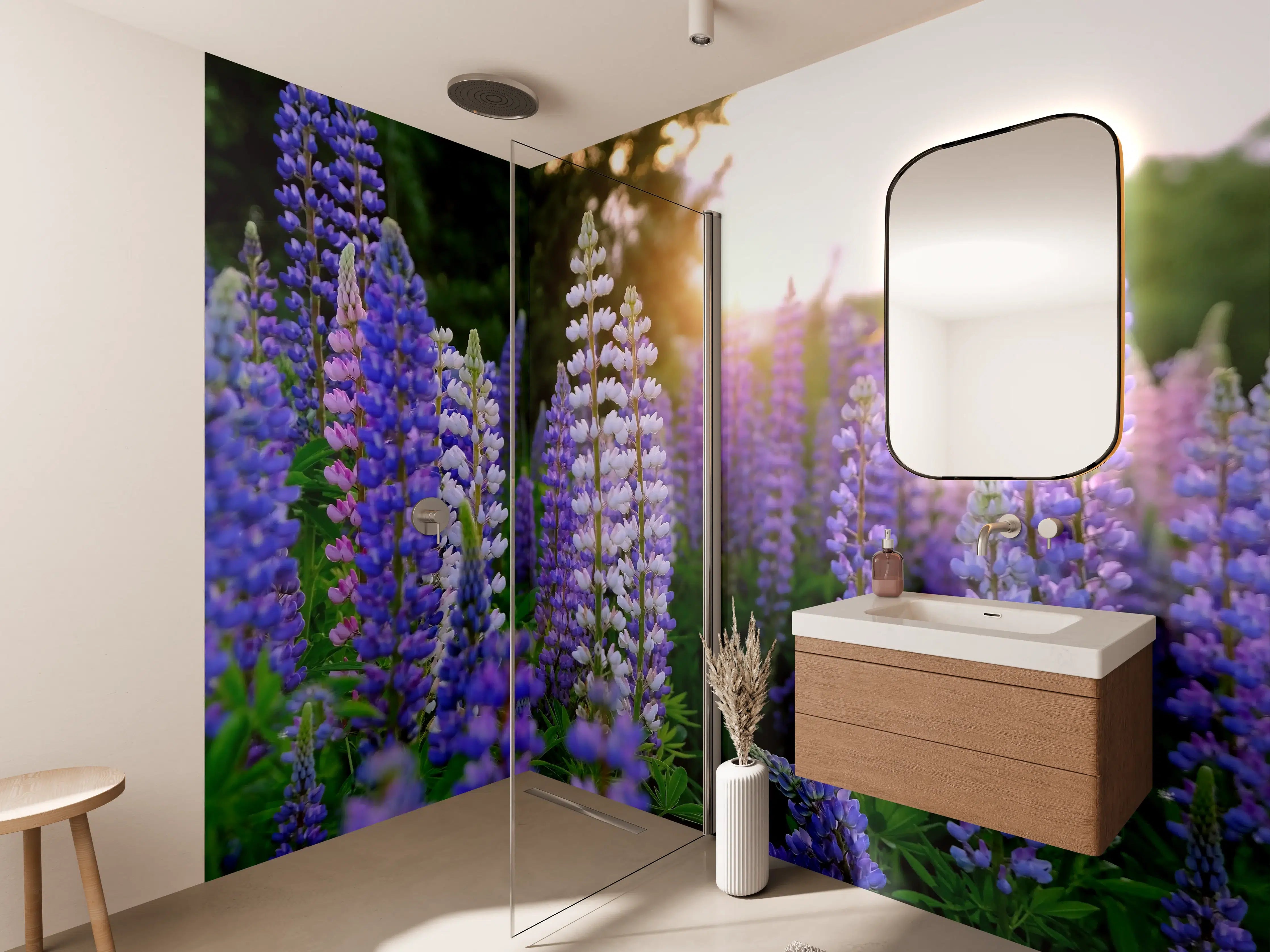 Wandverkleidung Bad - lila-rosa Lupine Blumen 