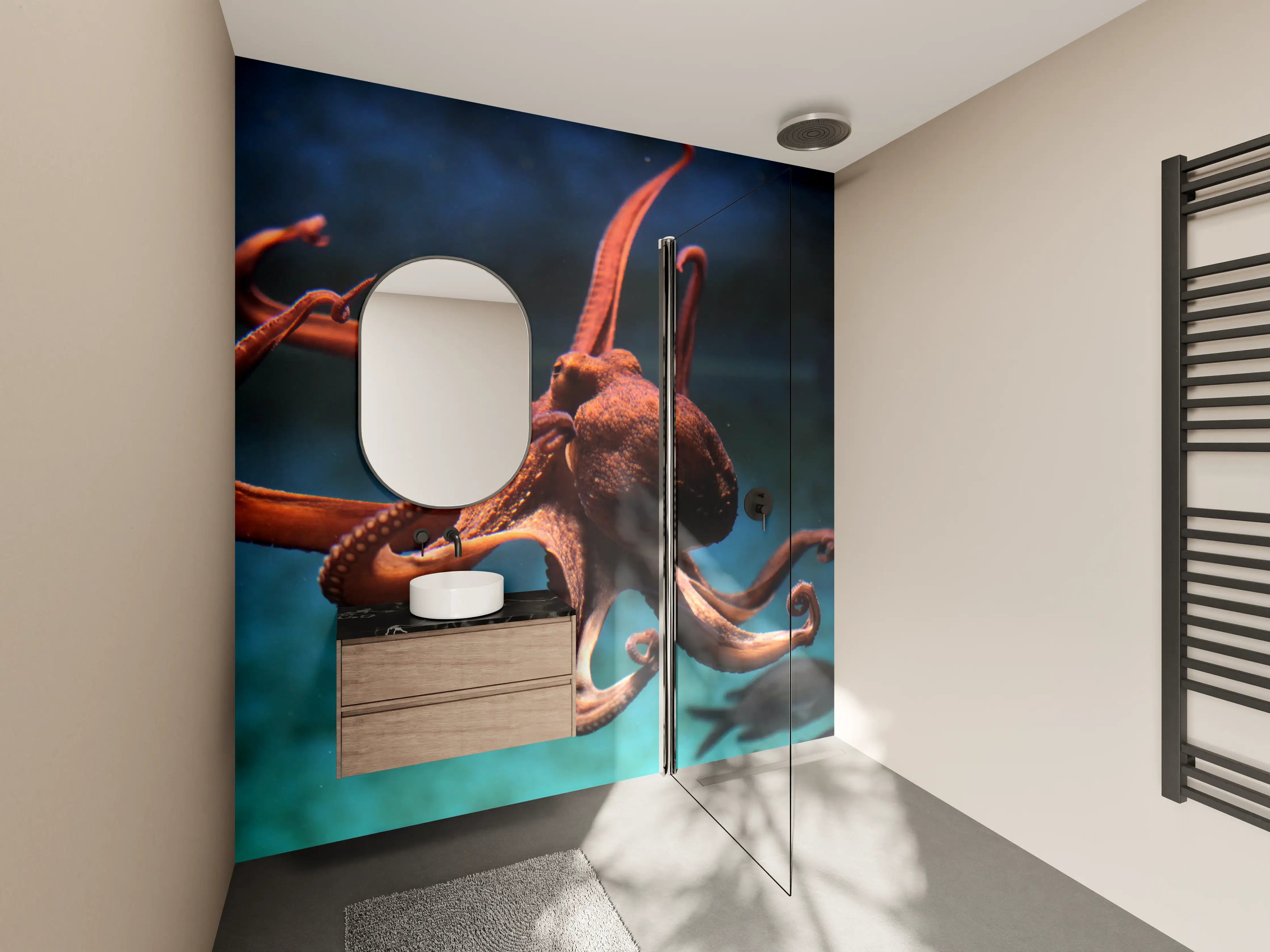 Wandverkleidung Bad - rötlicher Oktopus Unterwasser 