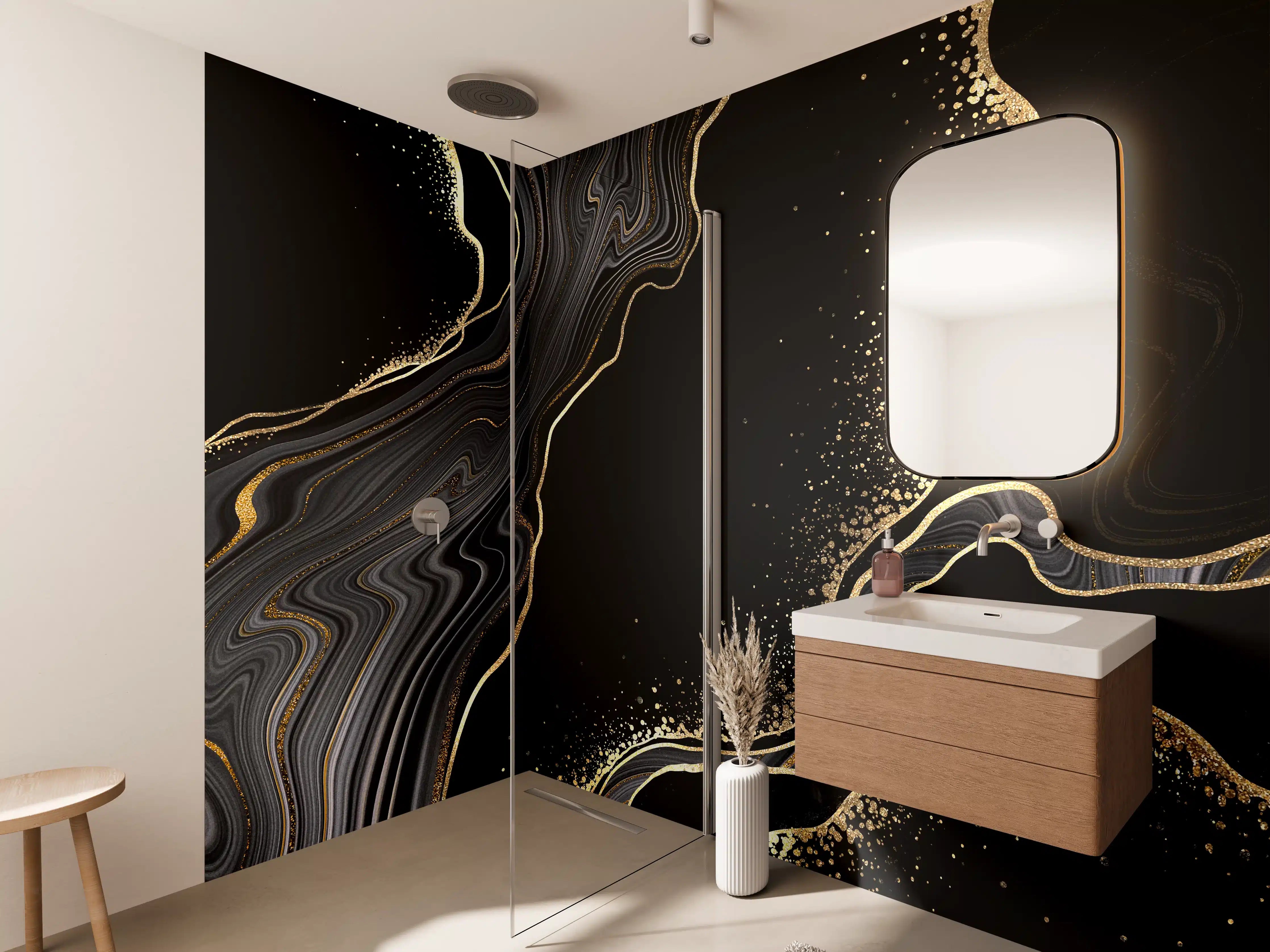 Wandverkleidung Bad - schwarzer Achat Hintergrund mit goldenen Adern