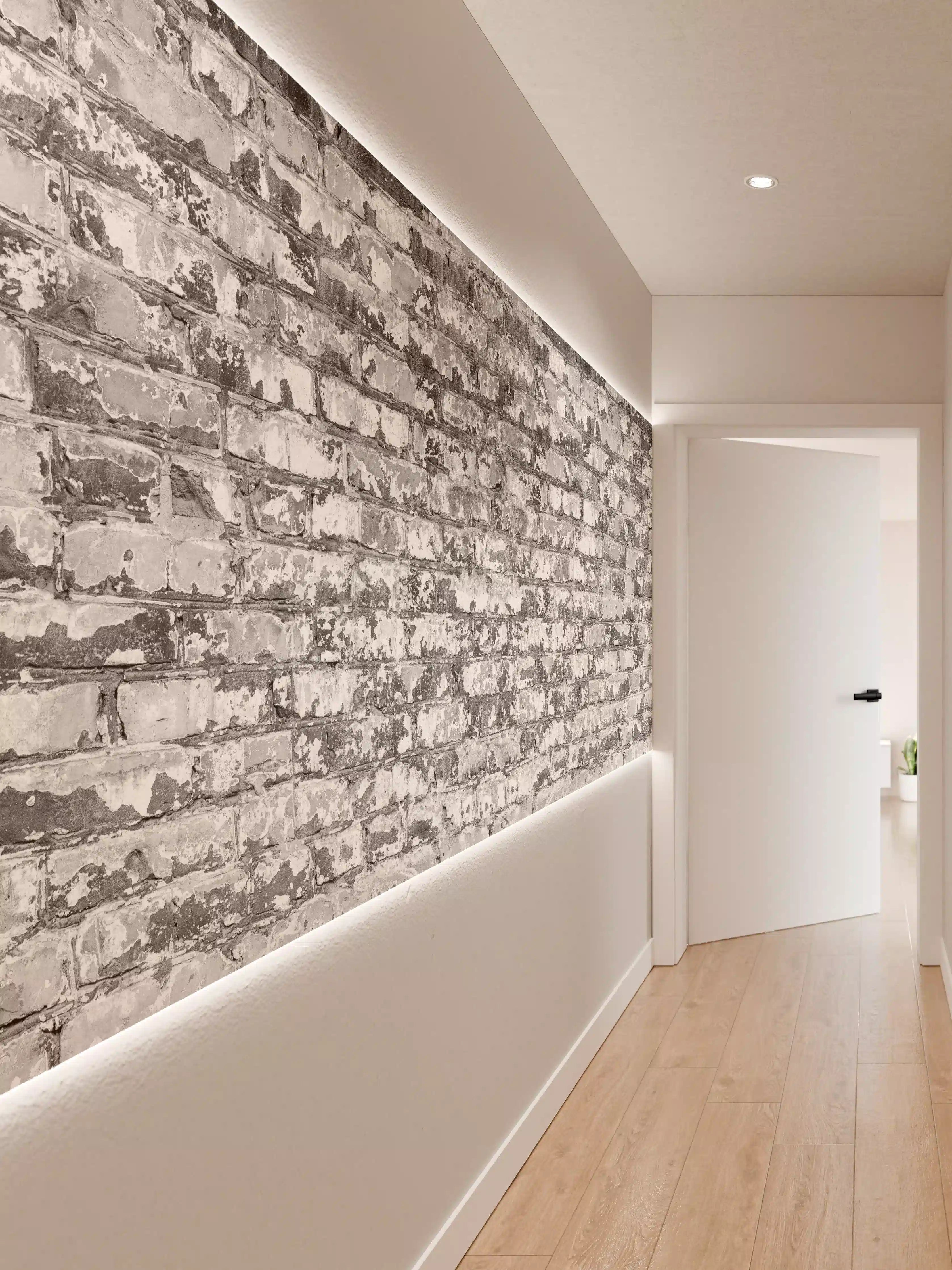 Wandverkleidung Flur -  Hellgraue verwitterte Vintage  Ziegelwand