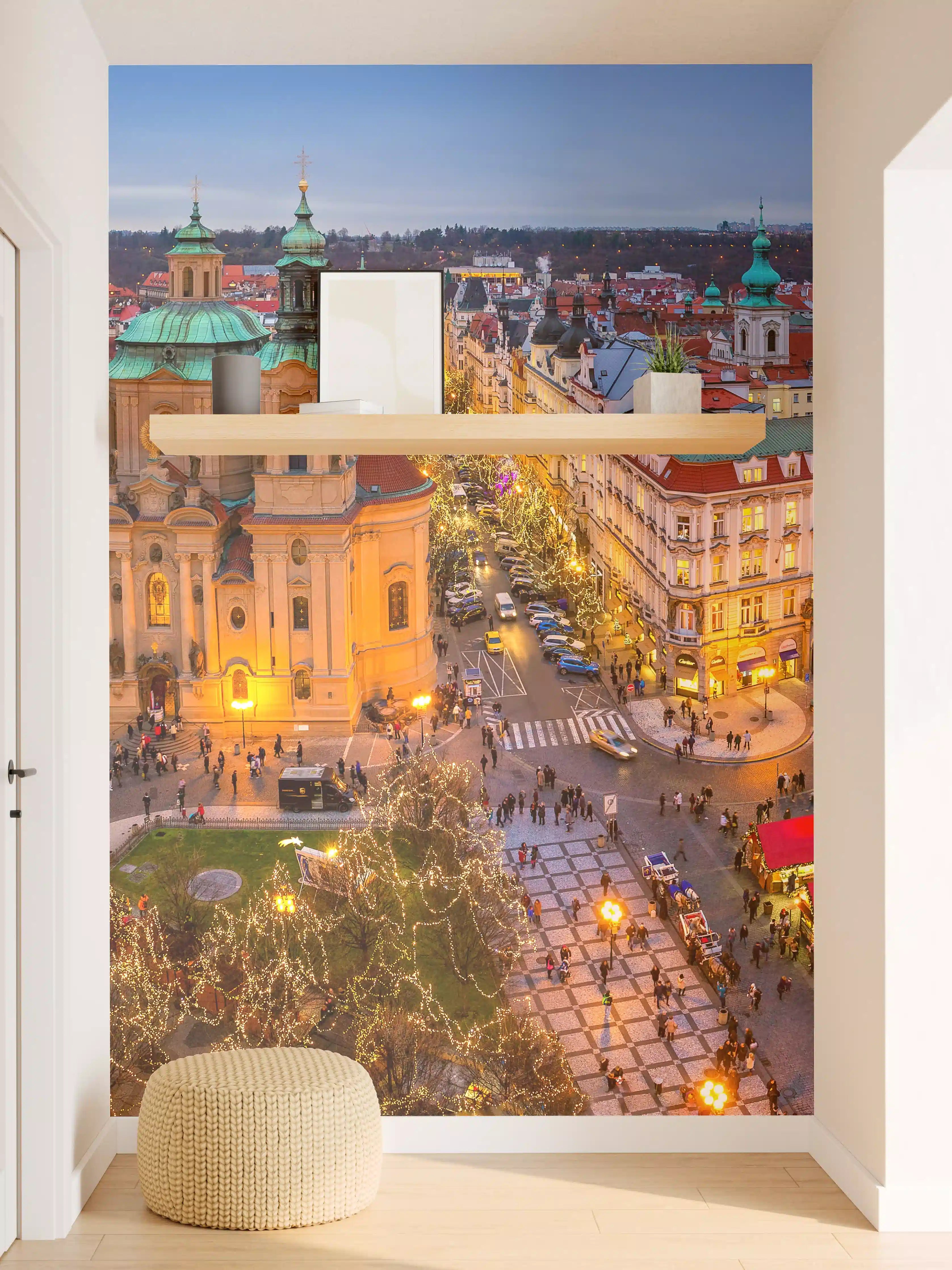 Wandverkleidung Flur - Abendliche Stadtansicht mit festlicher Beleuchtung