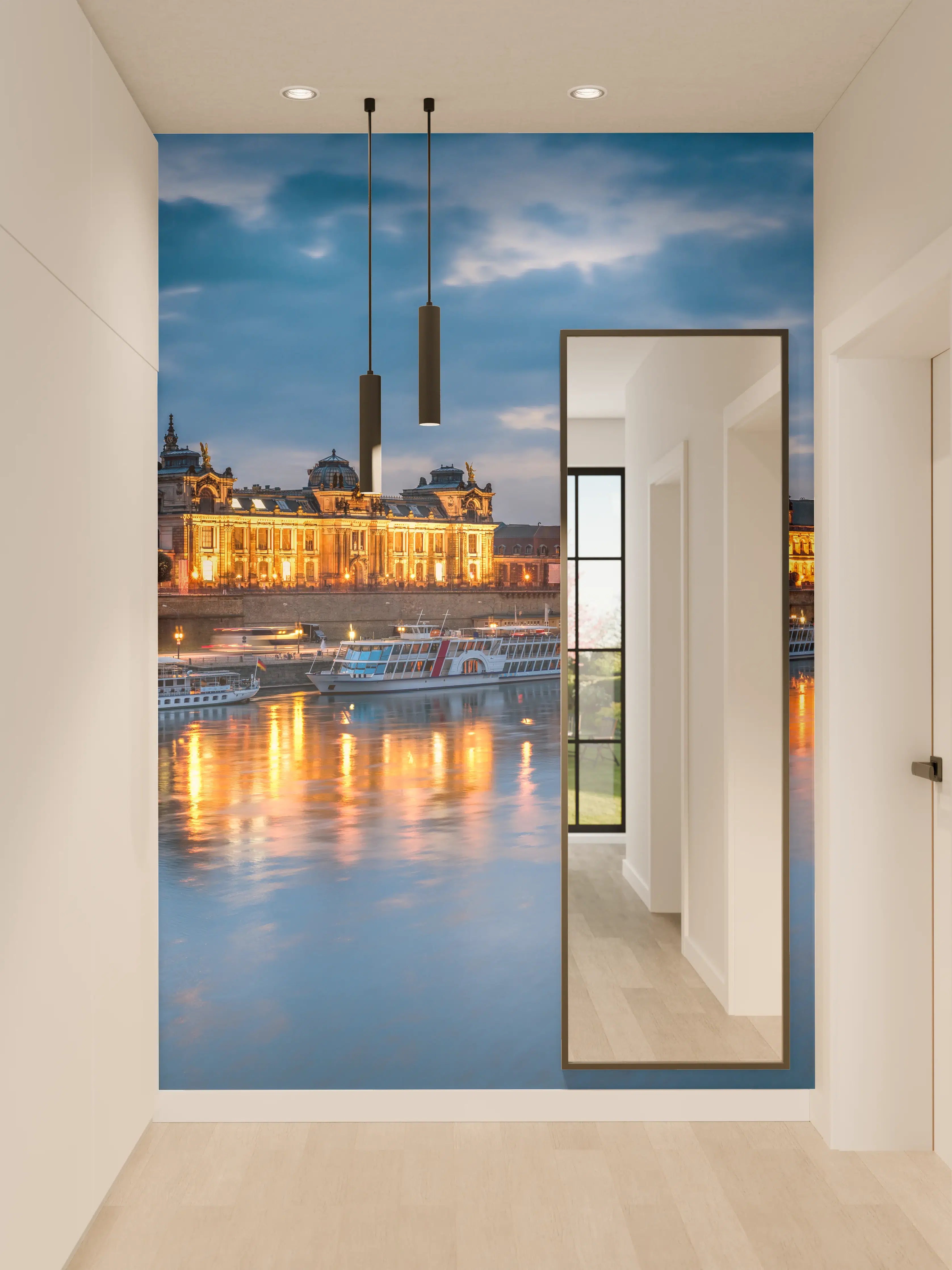 Wandverkleidung Flur - Abendliche Stadtsilhouette mit Wasserblick
