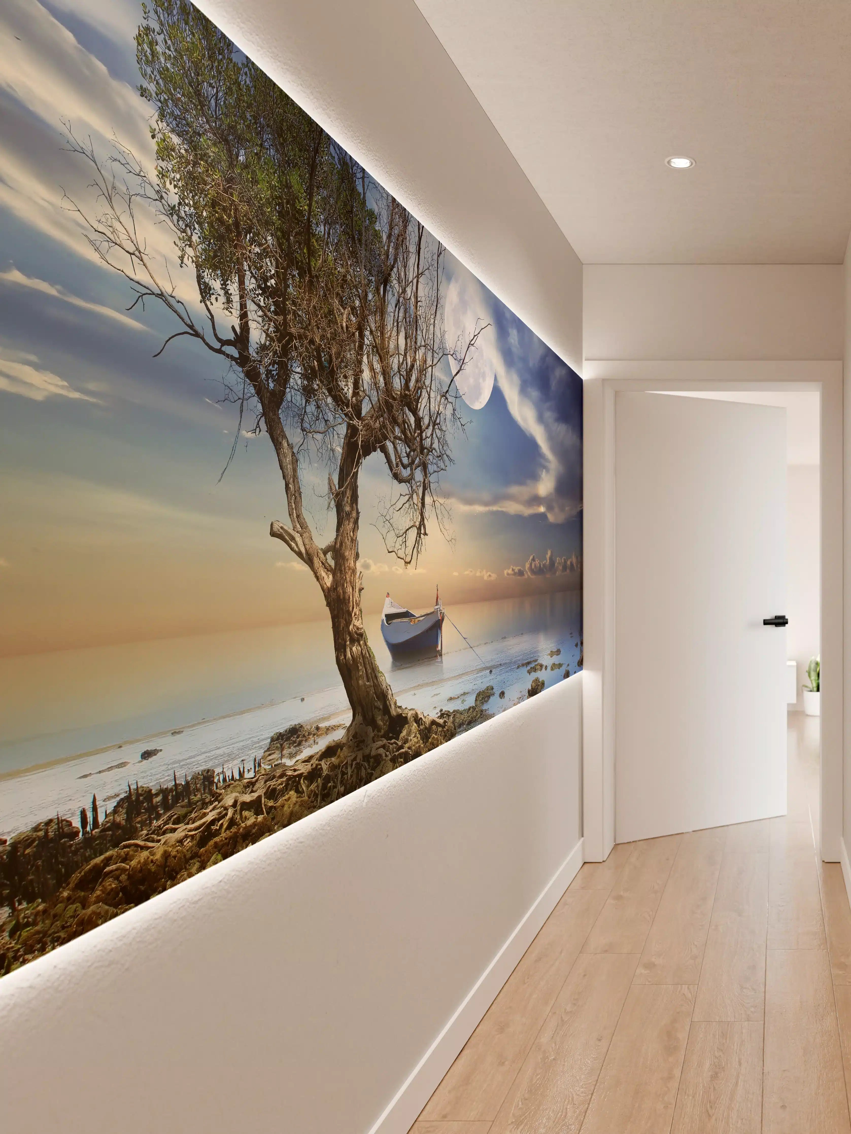 Wandverkleidung Flur - Abendliches Landschaftsbild mit Boot und Baum
