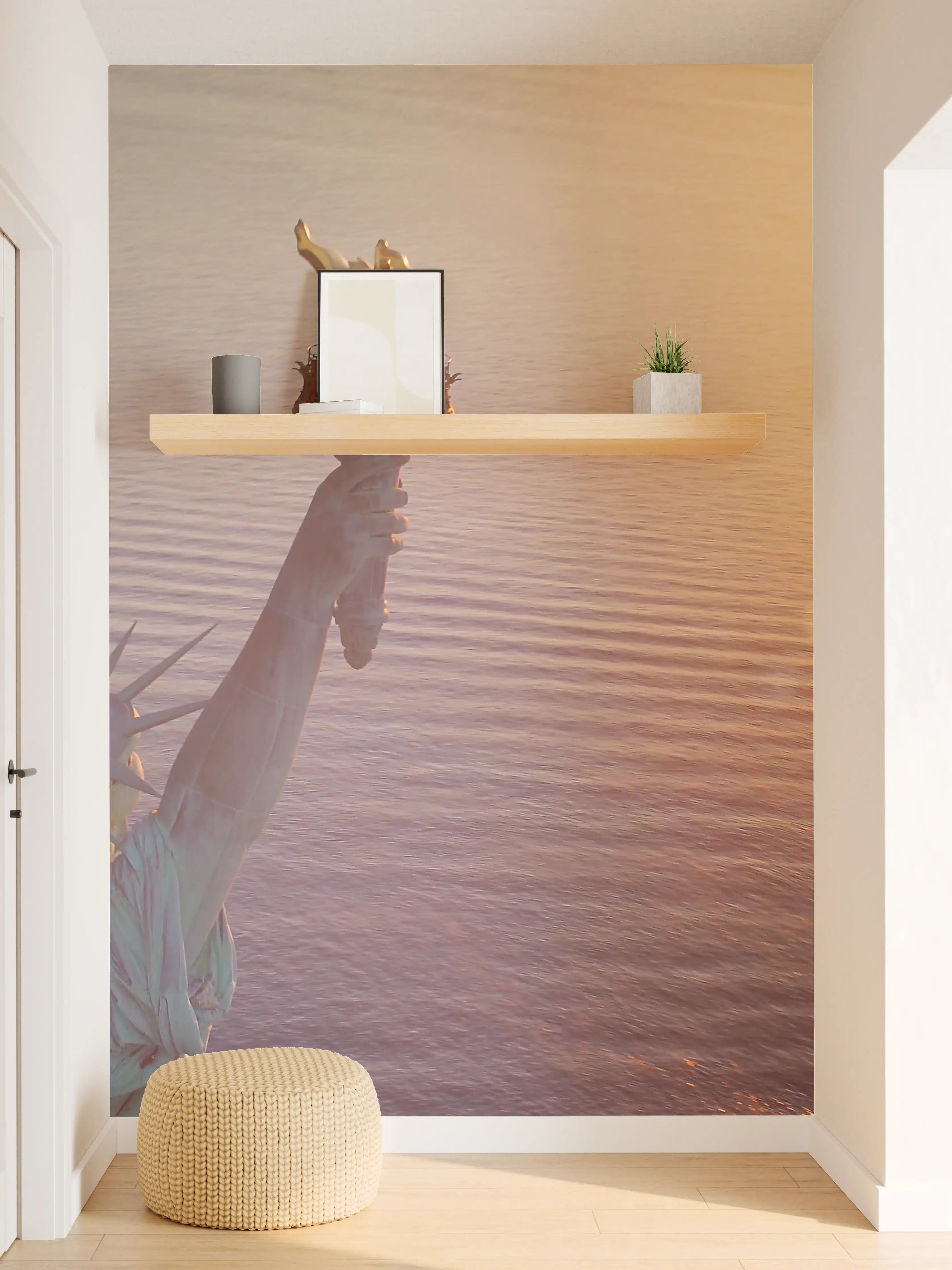 Wandverkleidung Flur - Abendlicht am Wasser mit Freiheitsstatue-Detail