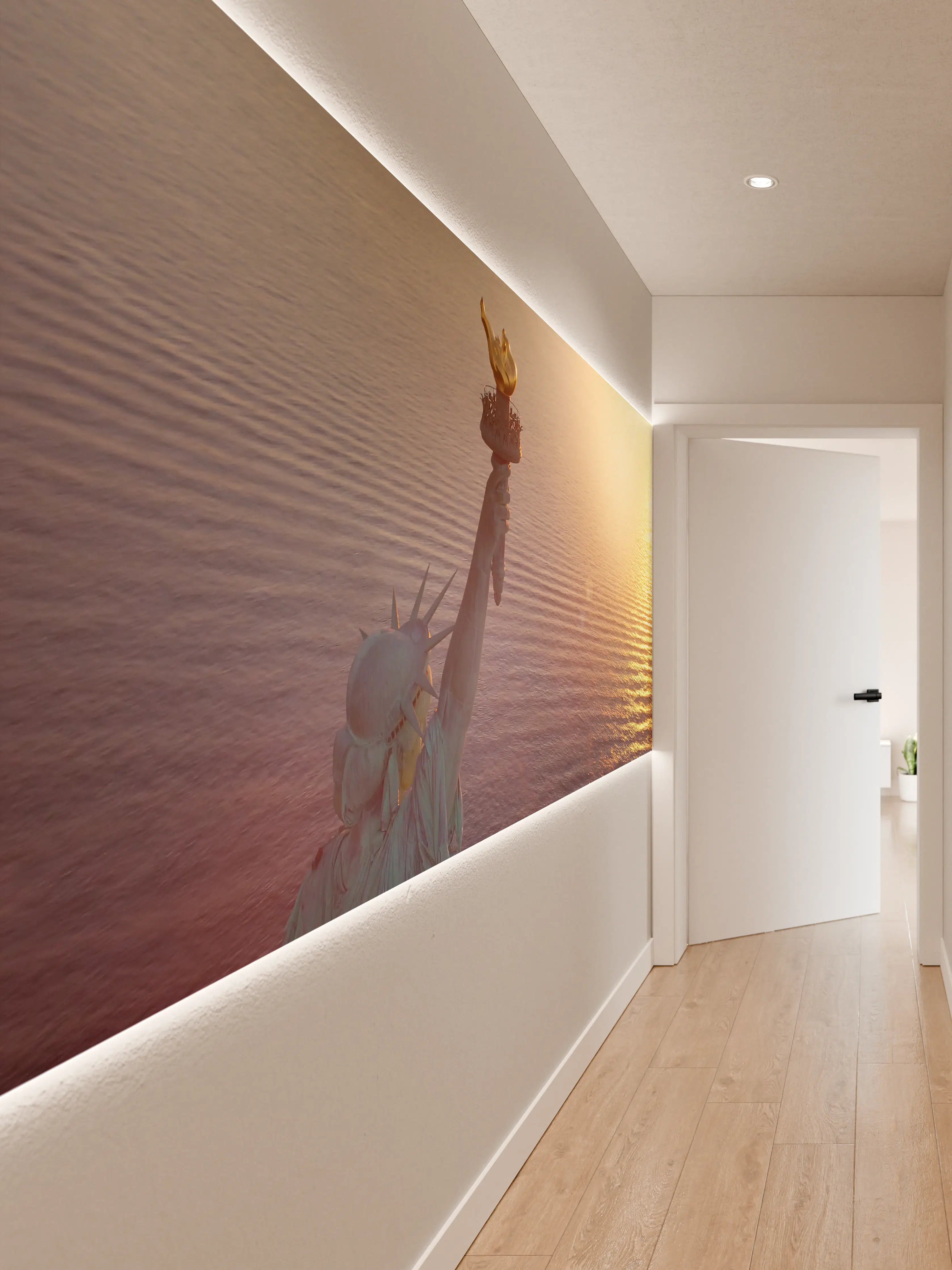 Wandverkleidung Flur - Abendlicht am Wasser mit Freiheitsstatue-Detail