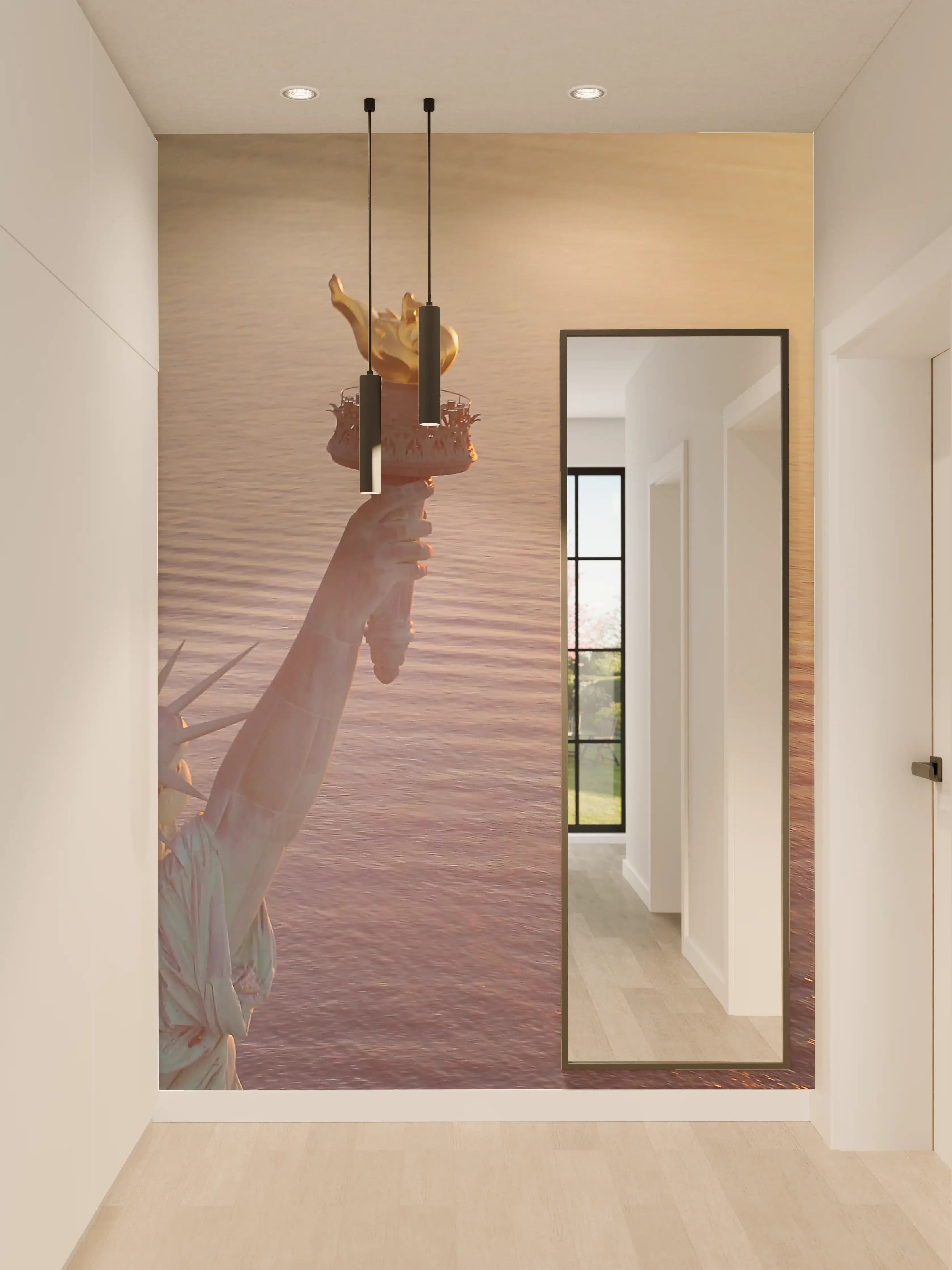 Wandverkleidung Flur - Abendlicht am Wasser mit Freiheitsstatue-Detail