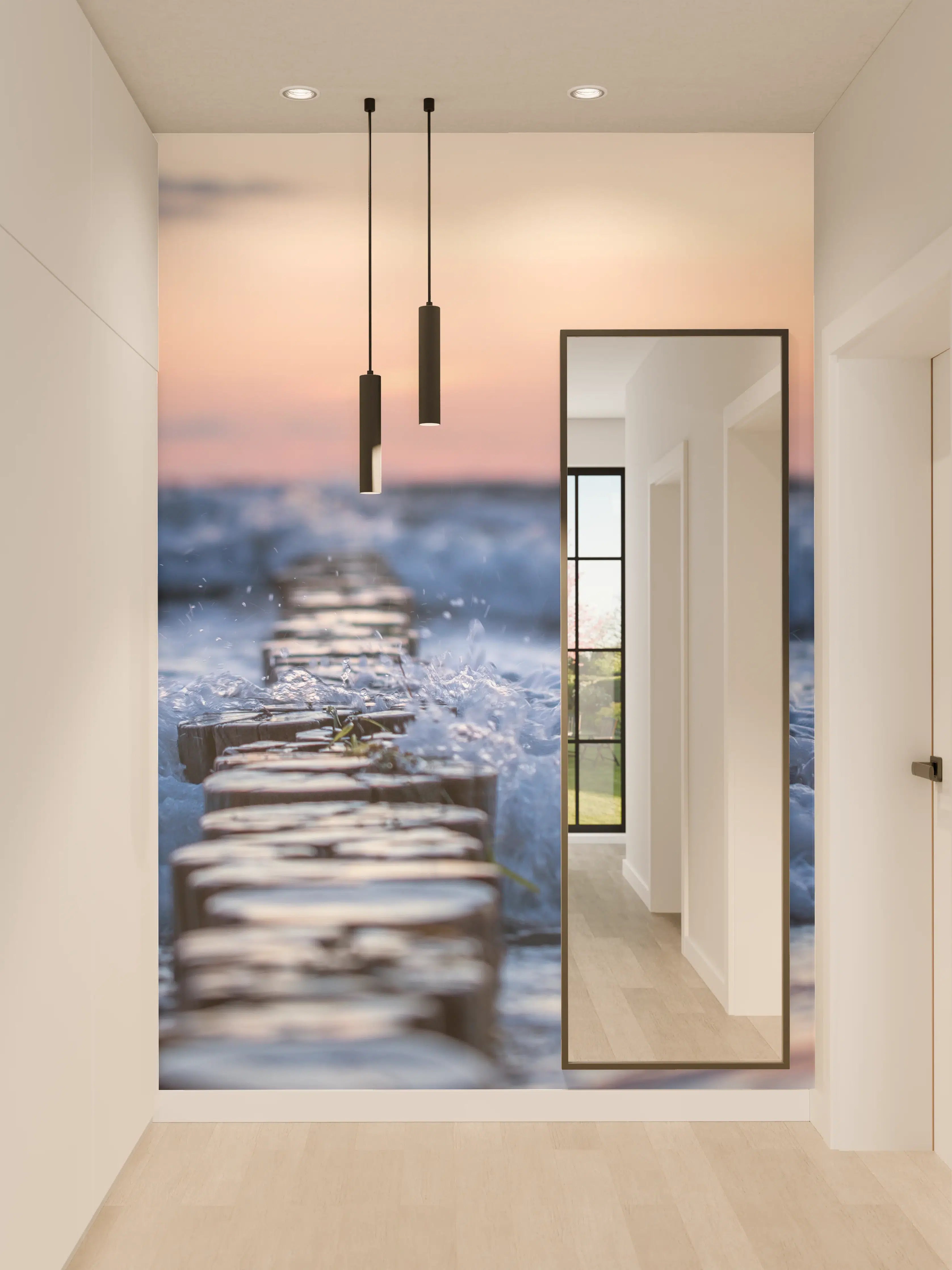 Wandverkleidung Flur - Abendstimmung am Meer mit Holzsteg