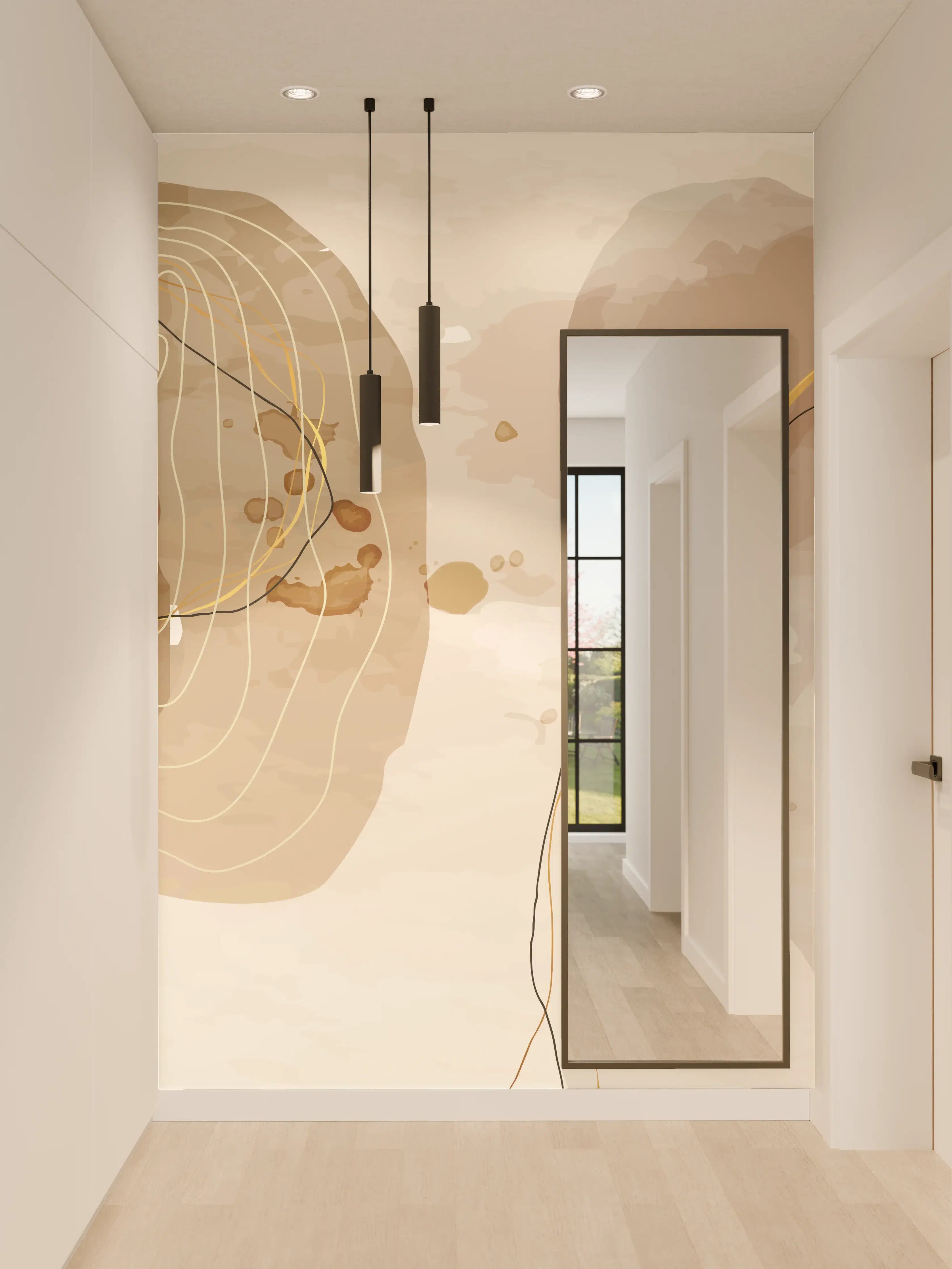 Wandverkleidung Flur - Abstrakte Beige-Braune Linienkunst