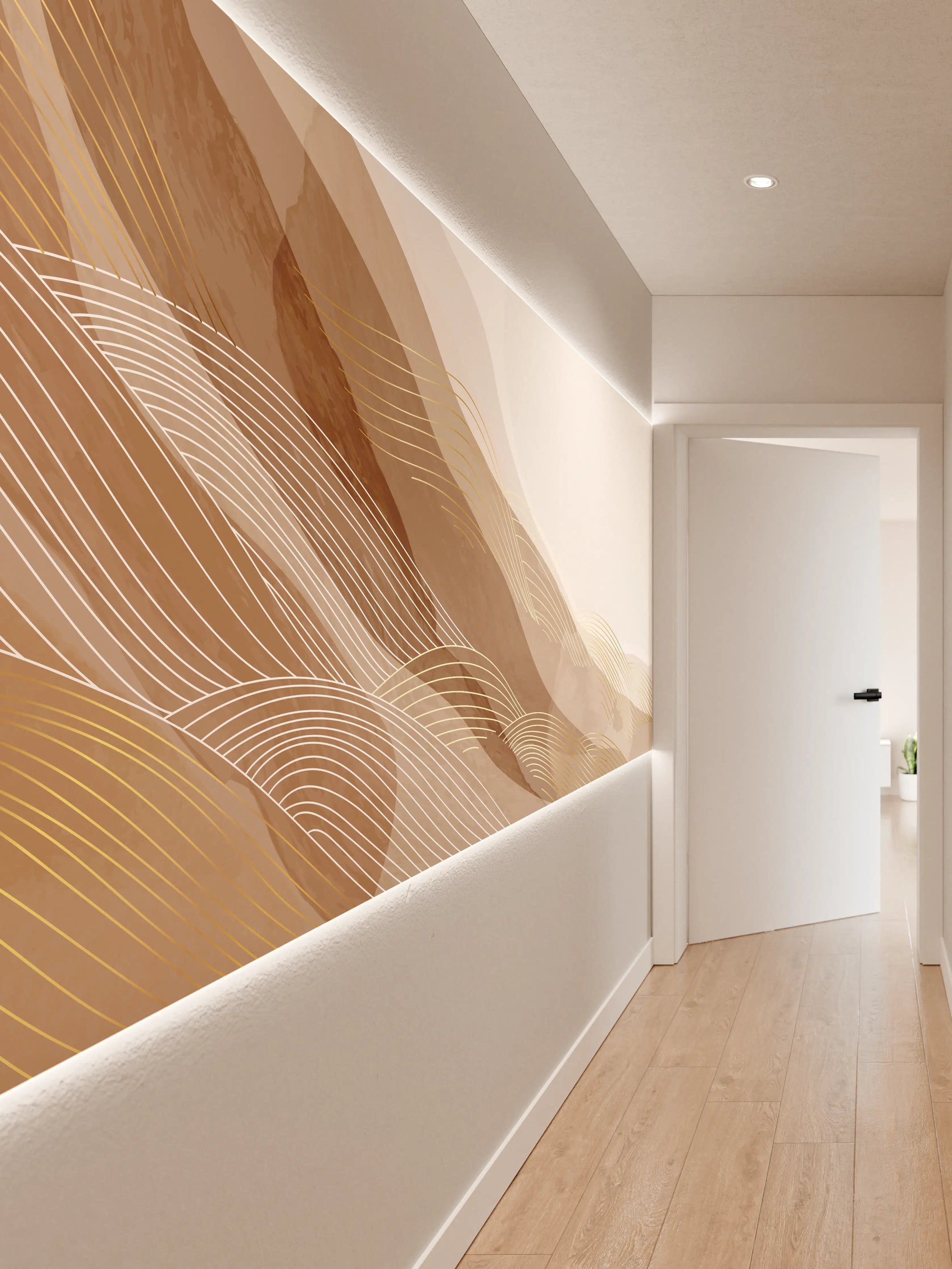 Wandverkleidung Flur - Abstrakte Beige Linien Kunst