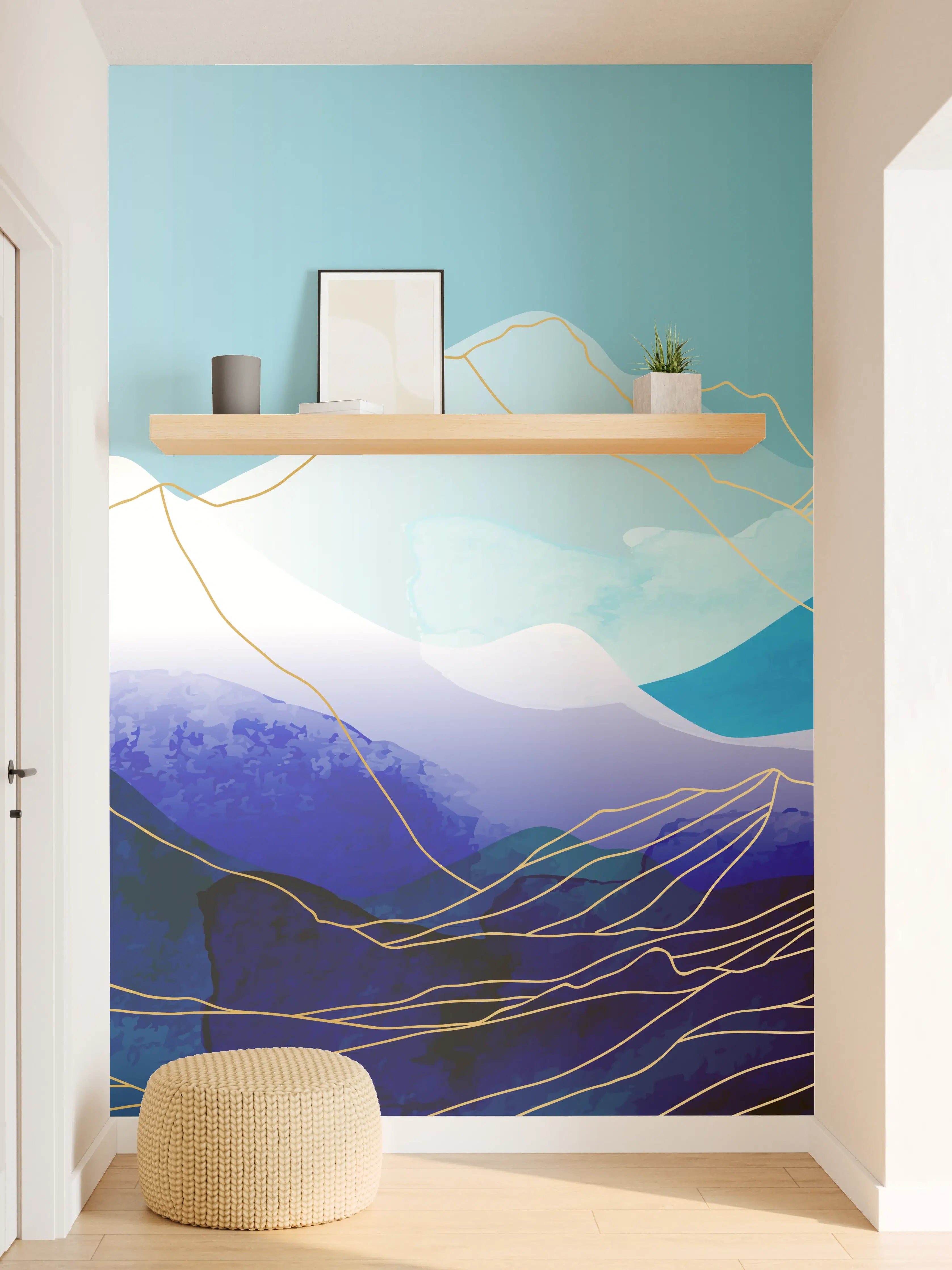Wandverkleidung Flur - Abstrakte Berglandschaft in Blautönen