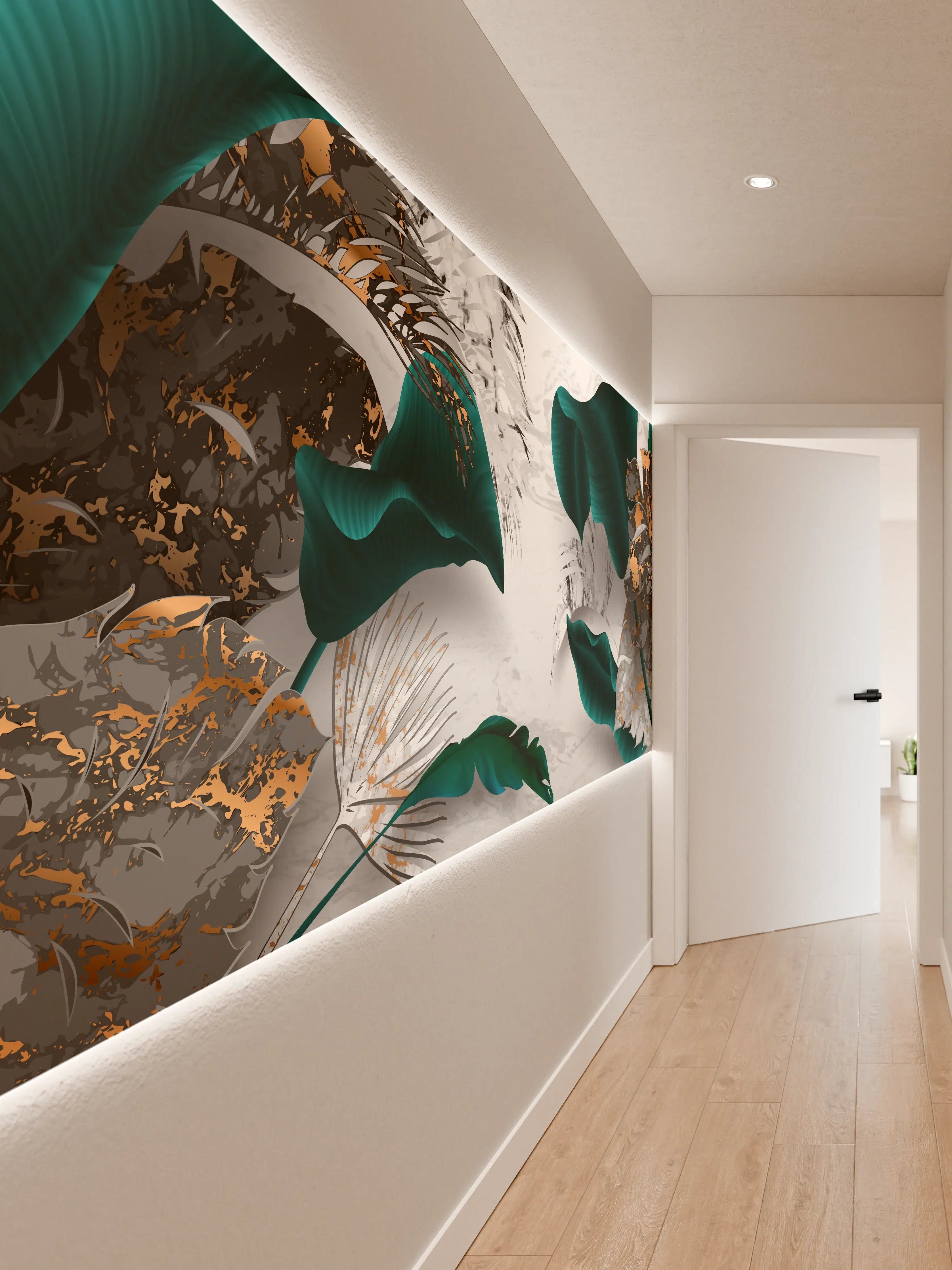 Wandverkleidung Flur - Abstrakte Blatt Gold Grau Kunst
