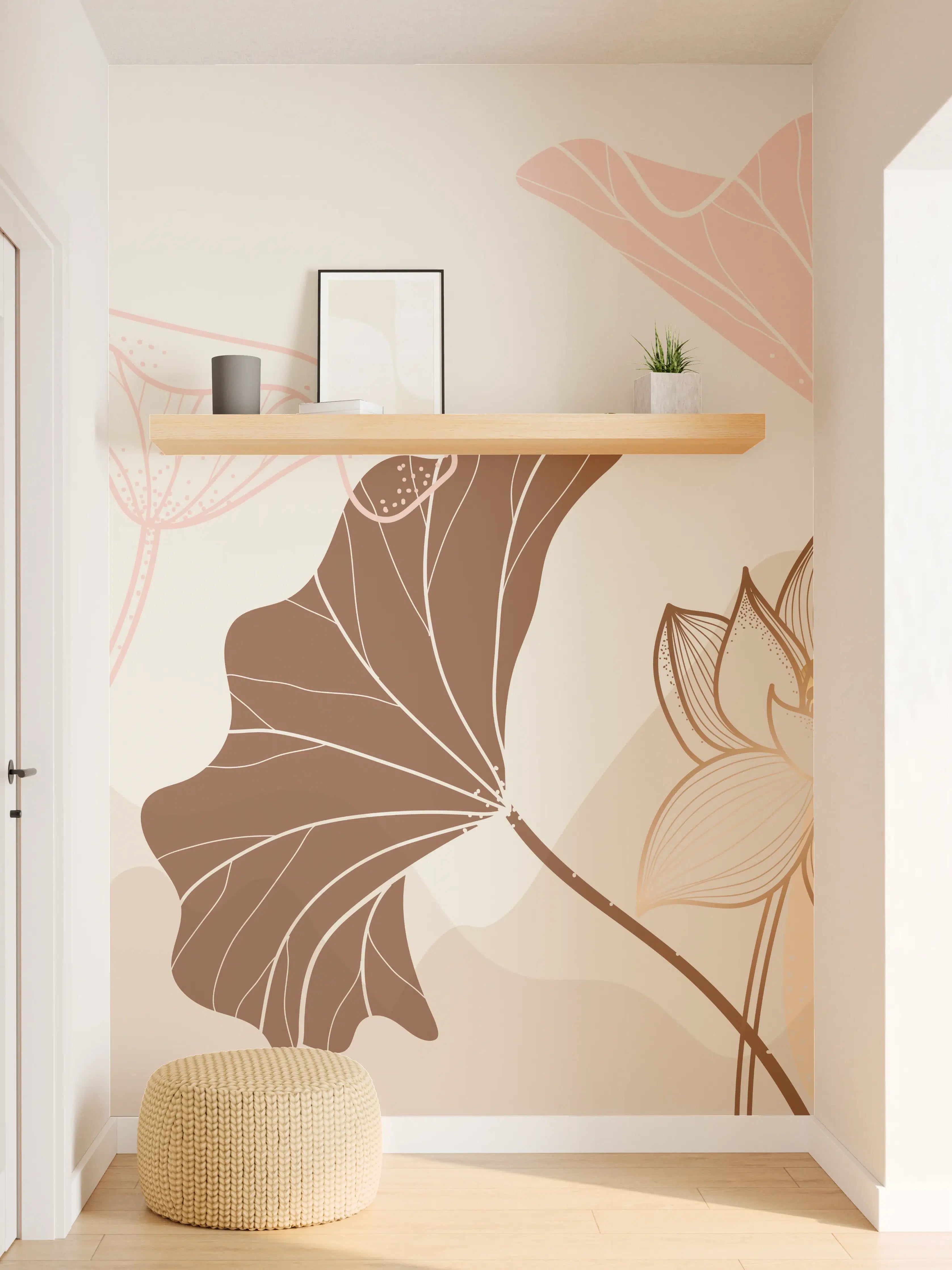 Wandverkleidung Flur - Abstrakte Blumen Zeichnung Beige