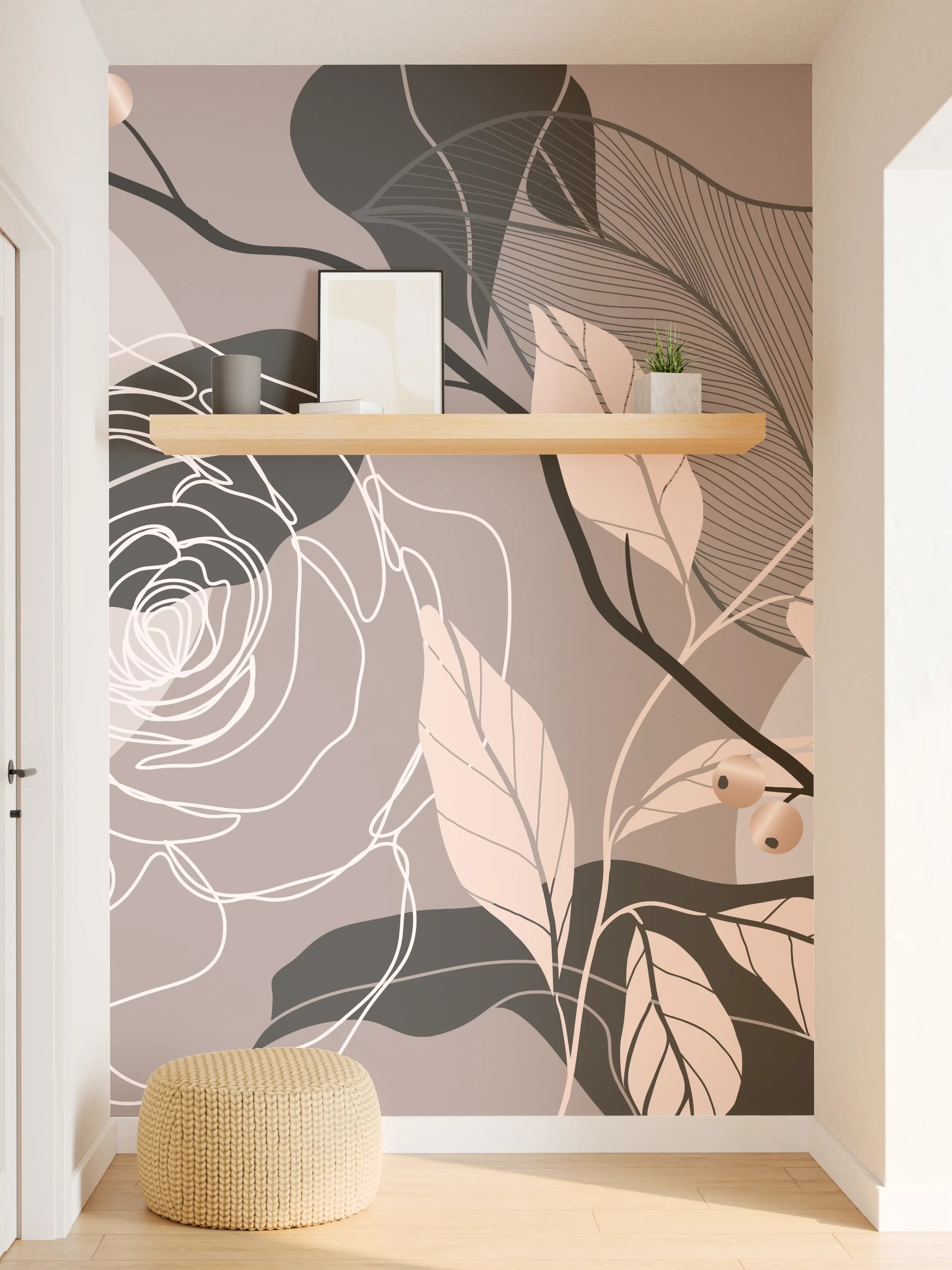Wandverkleidung Flur - Abstrakte Blumenillustration Beige