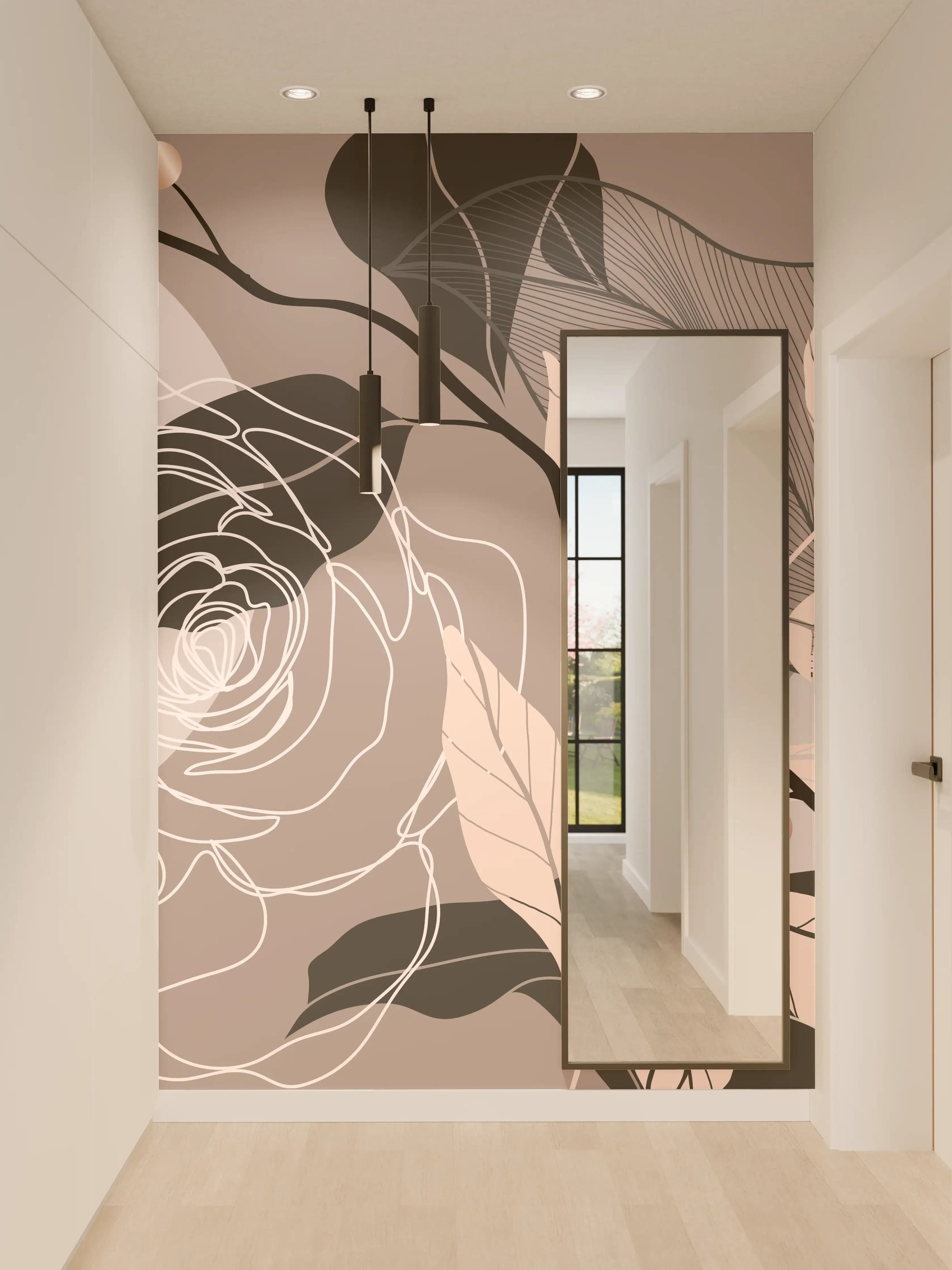 Wandverkleidung Flur - Abstrakte Blumenillustration Beige