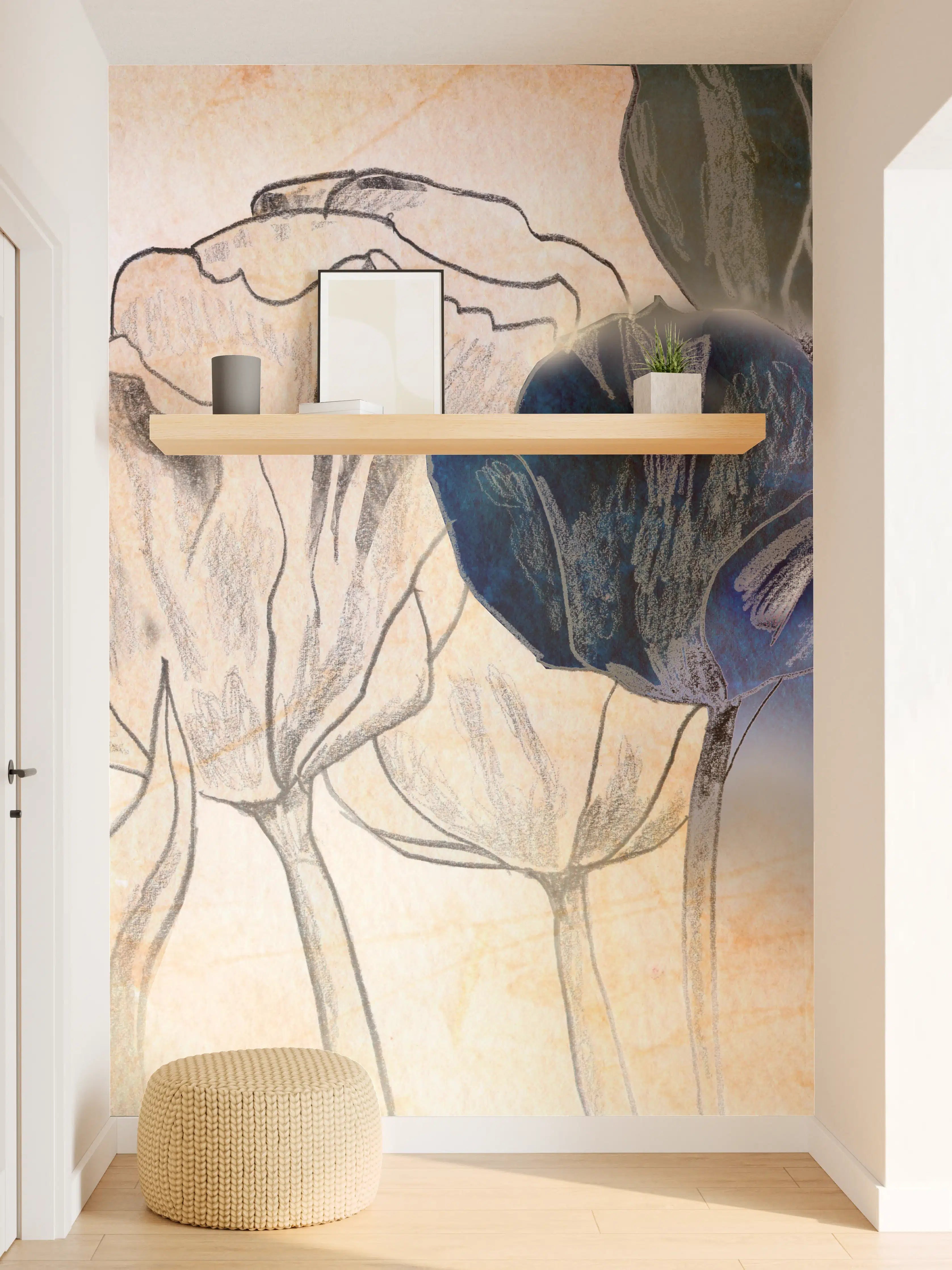 Wandverkleidung Flur - Abstrakte Blumenkunst in Blau und Beige